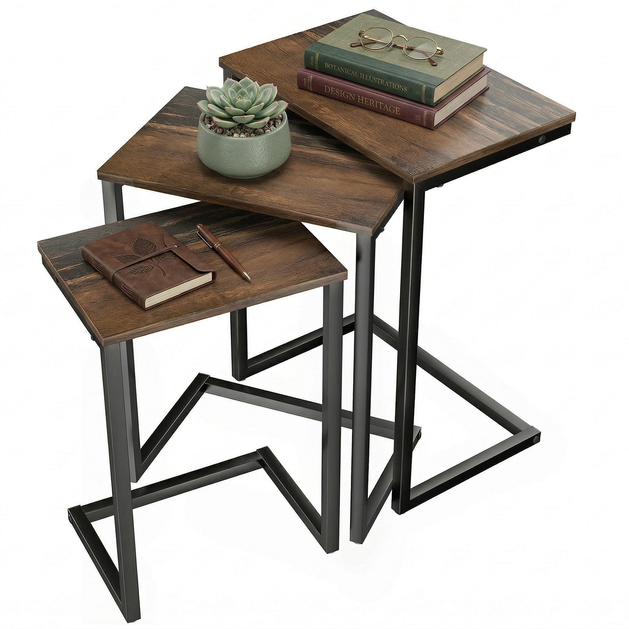 Nesting Coffee Table Set of 3 - Rustic Brown C-Shaped-Home Furnishings > Living Room Furniture > Side¬†Tables-DECOROLALA