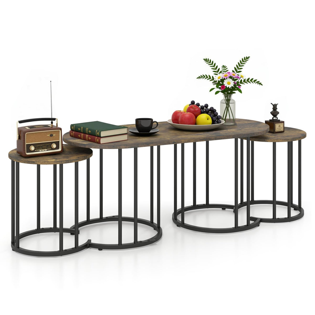 Nesting Coffee Table Set of 3 with Faux Marble Tabletop and Powder-coated Gold Metal Frame-Rustic Brown-Coffee Tables-DECOROLALA