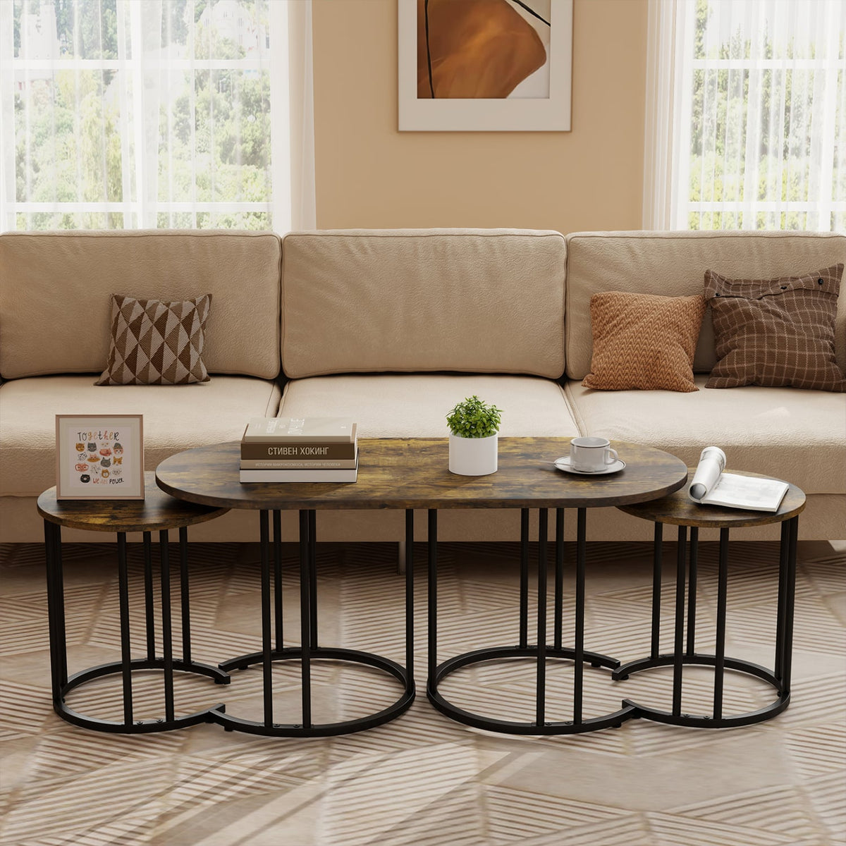 Nesting Coffee Table Set of 3 with Faux Marble Tabletop and Powder-coated Gold Metal Frame-Rustic Brown-Coffee Tables-DECOROLALA