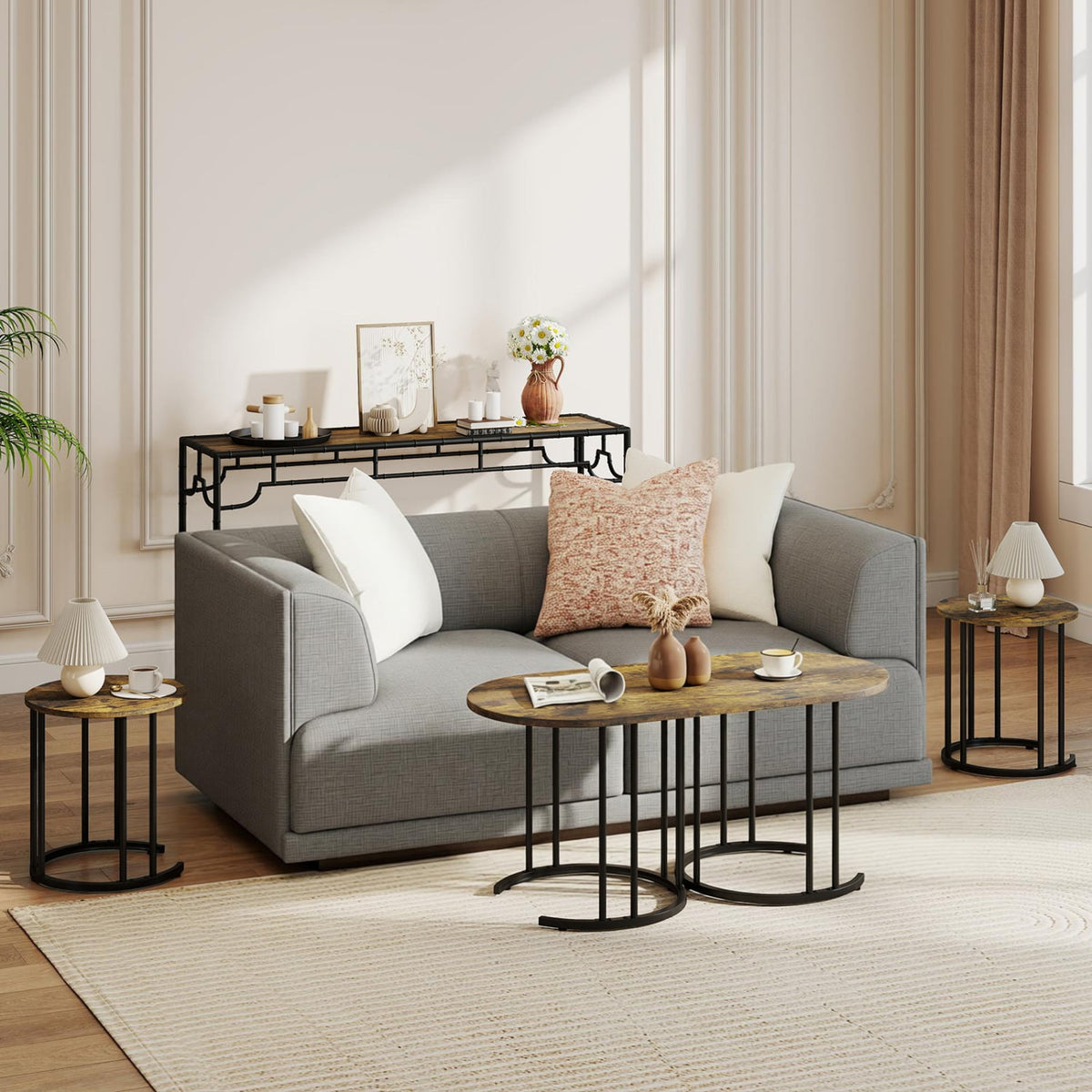 Nesting Coffee Table Set of 3 with Faux Marble Tabletop and Powder-coated Gold Metal Frame-Rustic Brown-Coffee Tables-DECOROLALA