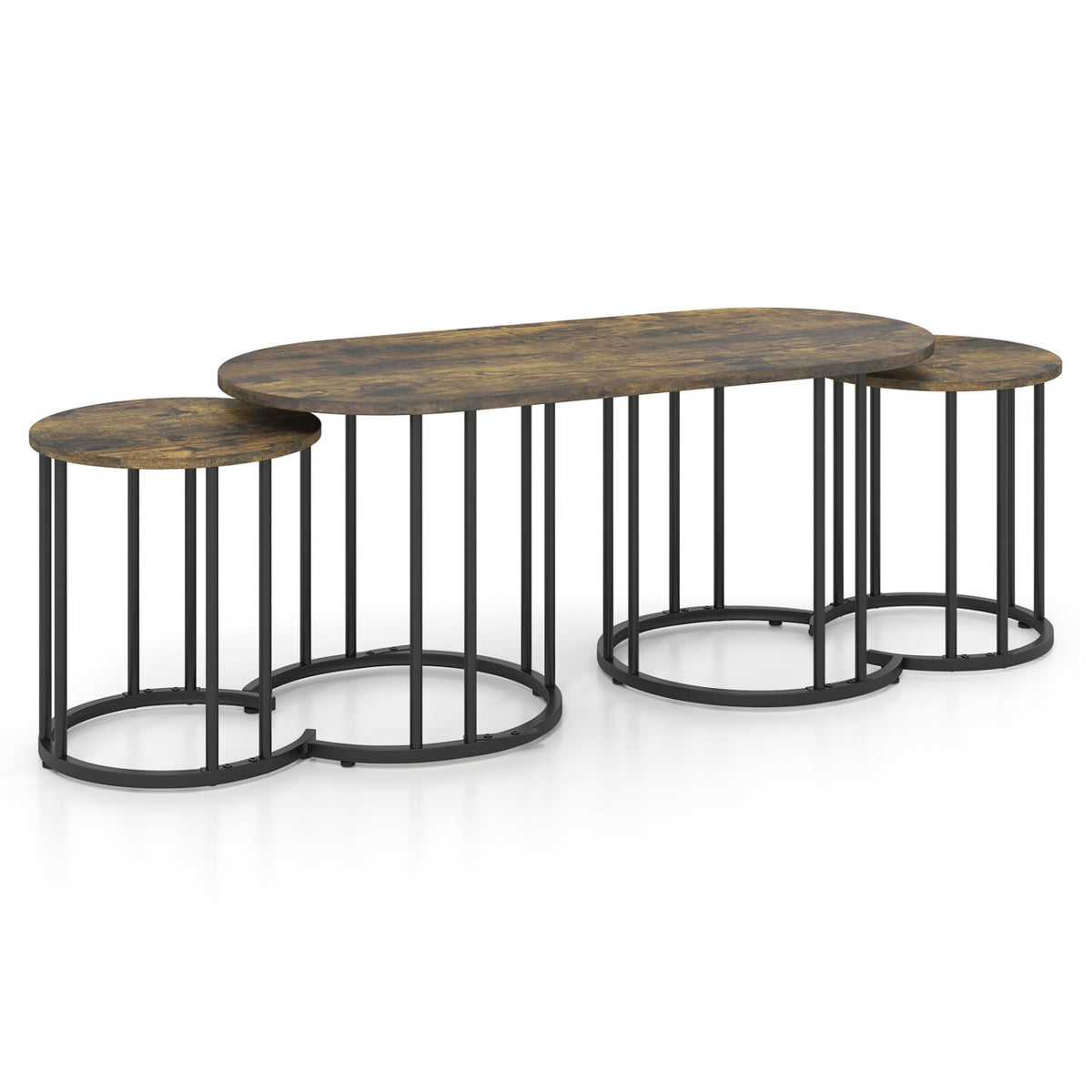 Nesting Coffee Table Set of 3 with Faux Marble Tabletop and Powder-coated Gold Metal Frame-Rustic Brown-Coffee Tables-DECOROLALA