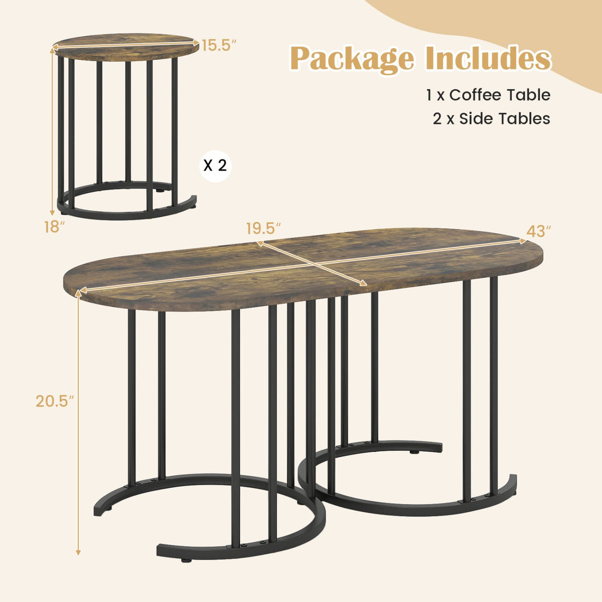 Nesting Coffee Table Set of 3 with Faux Marble Tabletop and Powder-coated Gold Metal Frame-Rustic Brown-Coffee Tables-DECOROLALA