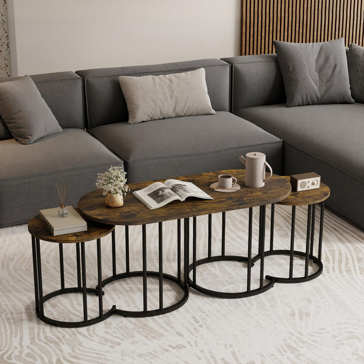 Nesting Coffee Table Set of 3 with Faux Marble Tabletop and Powder-coated Gold Metal Frame-Rustic Brown-Coffee Tables-DECOROLALA