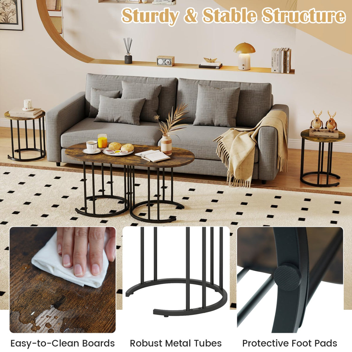 Nesting Coffee Table Set of 3 with Faux Marble Tabletop and Powder-coated Gold Metal Frame-Rustic Brown-Coffee Tables-DECOROLALA