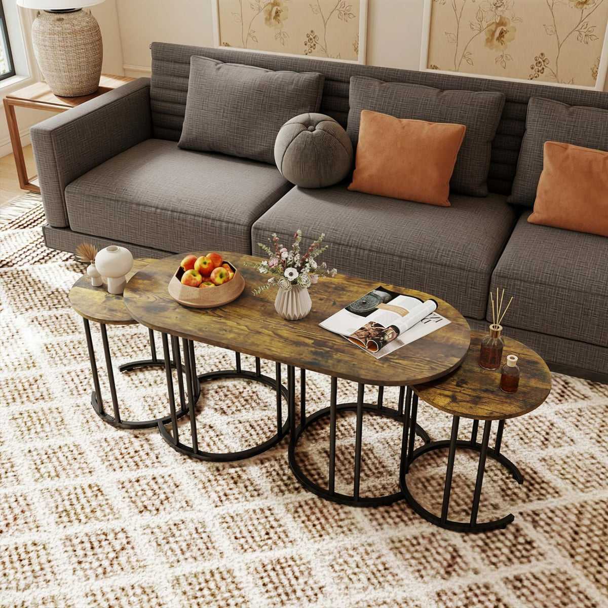 Nesting Coffee Table Set of 3 with Faux Marble Tabletop and Powder-coated Gold Metal Frame-Rustic Brown-Coffee Tables-DECOROLALA