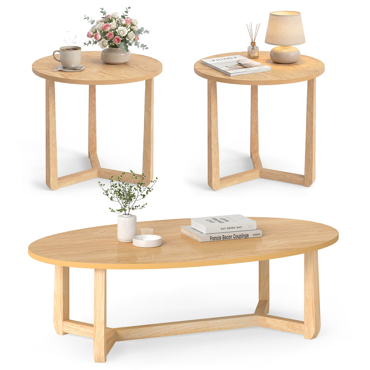Nesting Coffee Table Set of 3 with Wood Veneered Top and Solid Rubber Wood Legs for Living Room-Natural-Coffee Tables-DECOROLALA