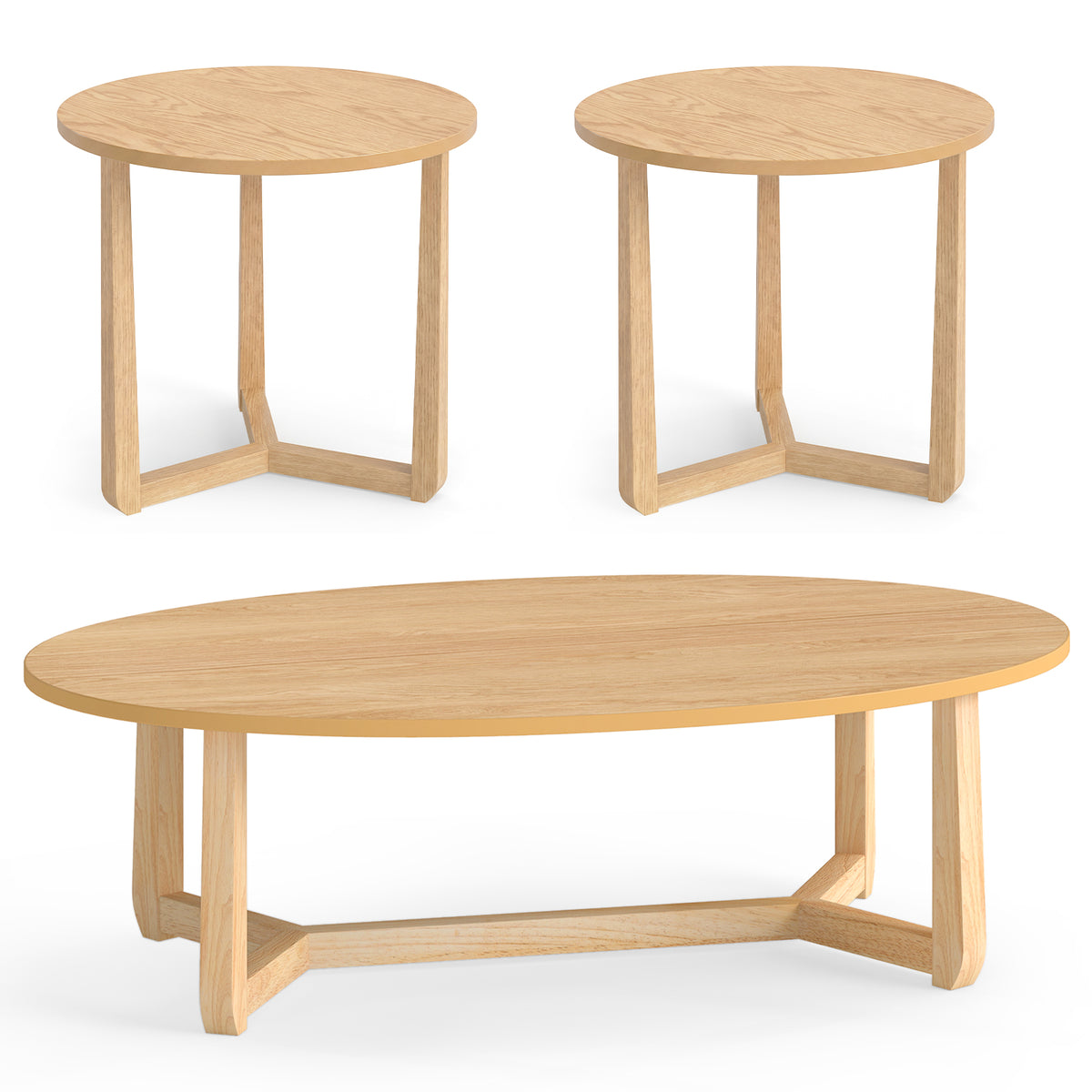 Nesting Coffee Table Set of 3 with Wood Veneered Top and Solid Rubber Wood Legs for Living Room-Natural-Coffee Tables-DECOROLALA