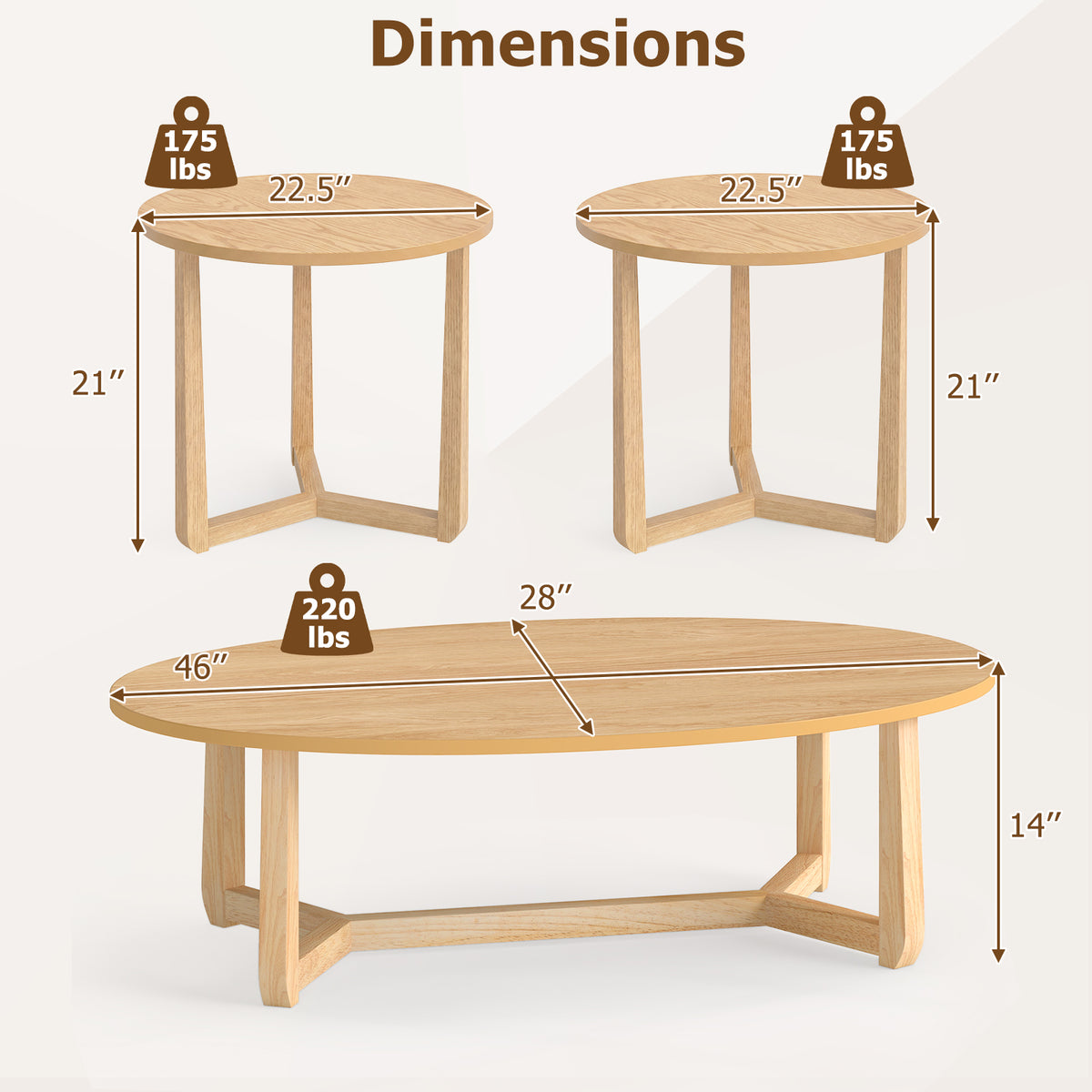 Nesting Coffee Table Set of 3 with Wood Veneered Top and Solid Rubber Wood Legs for Living Room-Natural-Coffee Tables-DECOROLALA