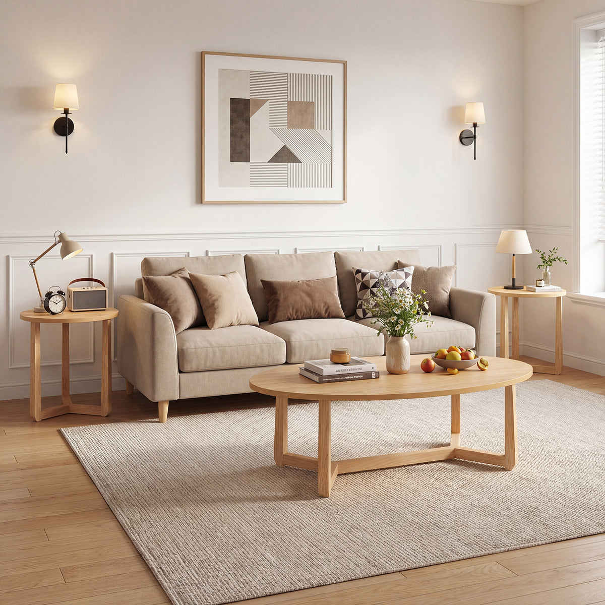 Nesting Coffee Table Set of 3 with Wood Veneered Top and Solid Rubber Wood Legs for Living Room-Natural-Coffee Tables-DECOROLALA