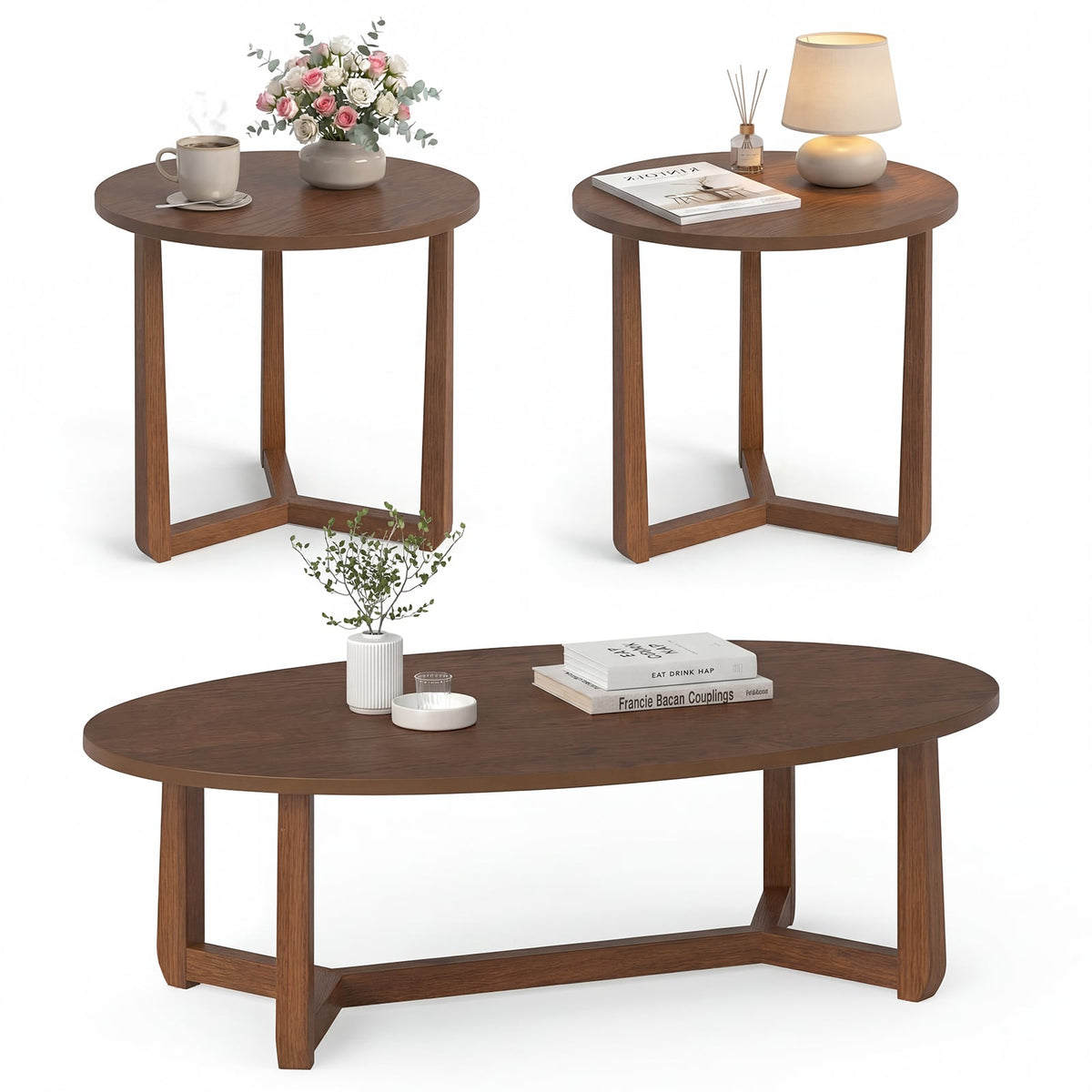 Nesting Coffee Table Set of 3 with Wood Veneered Top and Solid Rubber Wood Legs for Living Room-Walnut-Coffee Tables-DECOROLALA