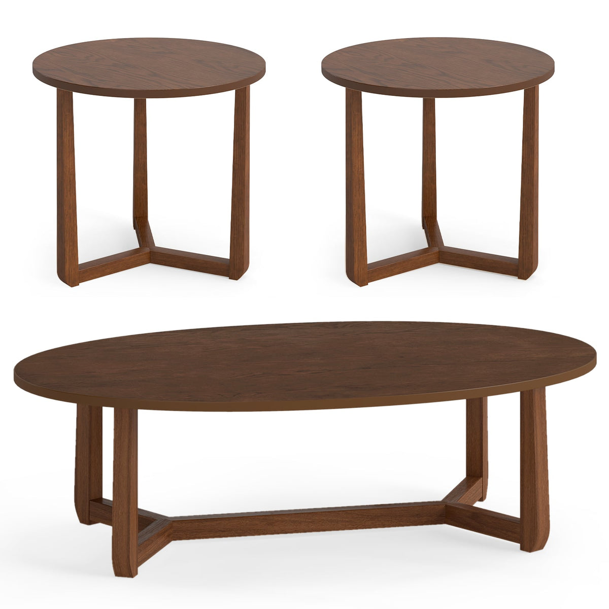 Nesting Coffee Table Set of 3 with Wood Veneered Top and Solid Rubber Wood Legs for Living Room-Walnut-Coffee Tables-DECOROLALA