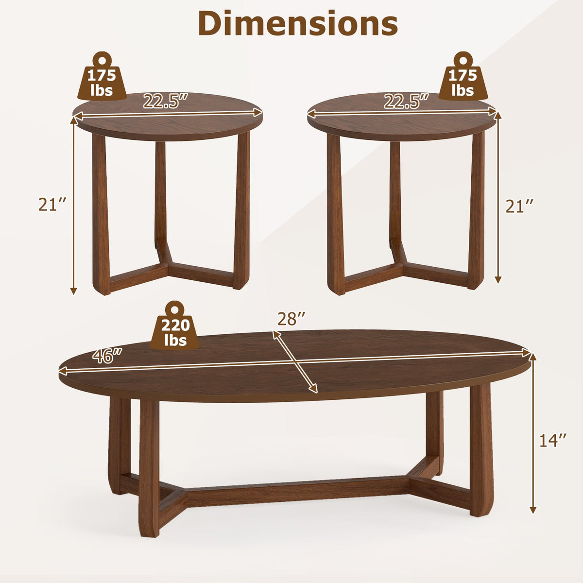 Nesting Coffee Table Set of 3 with Wood Veneered Top and Solid Rubber Wood Legs for Living Room-Walnut-Coffee Tables-DECOROLALA