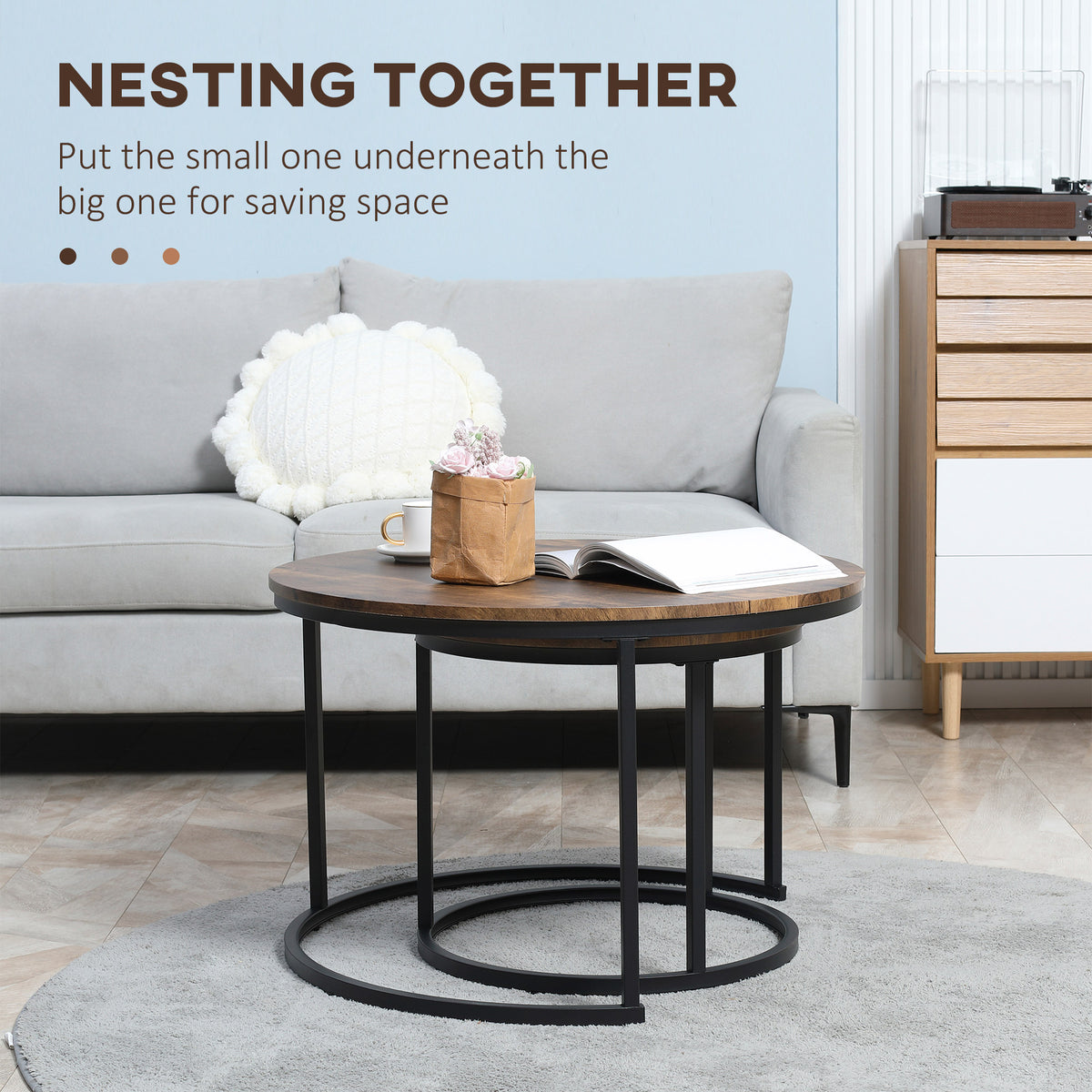 Nesting Coffee Tables Set of 2 - 29" Round Rustic Brown-Home Furnishings > Living Room Furniture > Coffee Tables-DECOROLALA