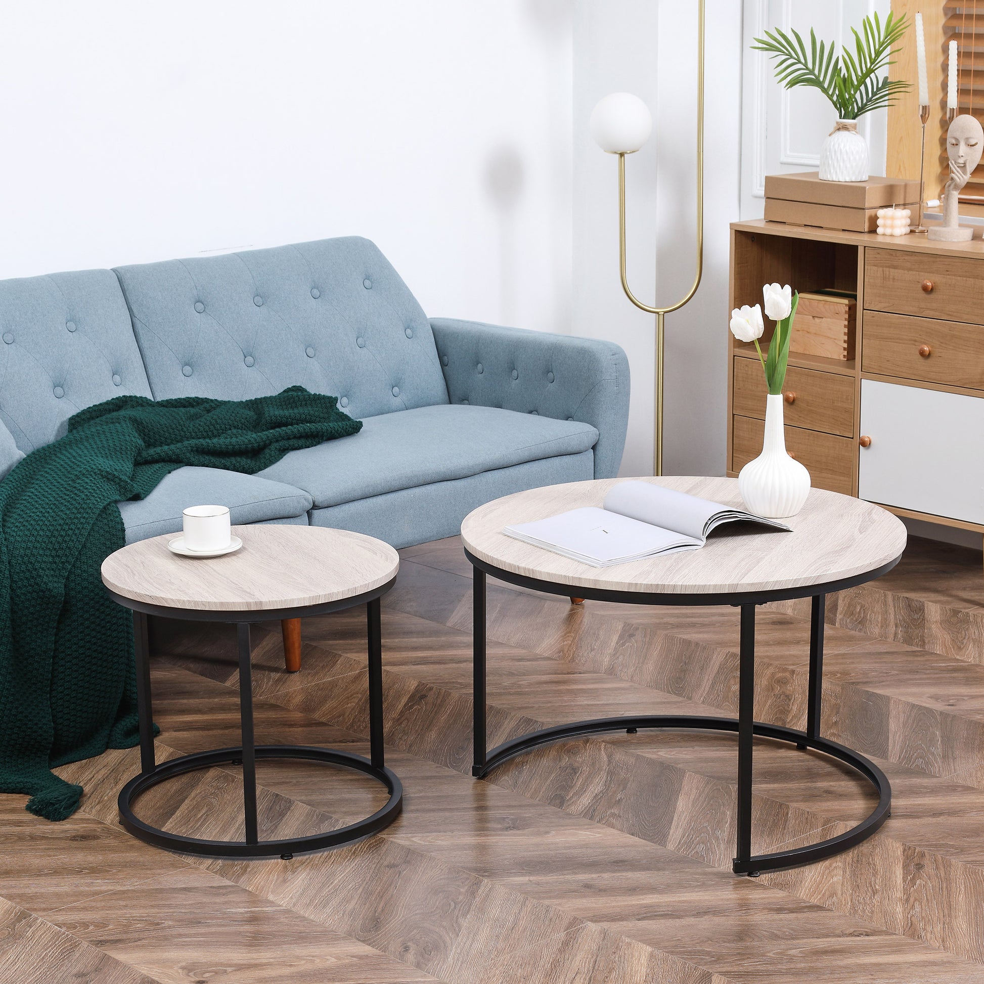 Nesting Coffee Tables Set of 2, Round Coffee Table with Metal Frame, Living Room Tables, Grey Wood Grain-Home Furnishings > Living Room Furniture > Coffee Tables-DECOROLALA
