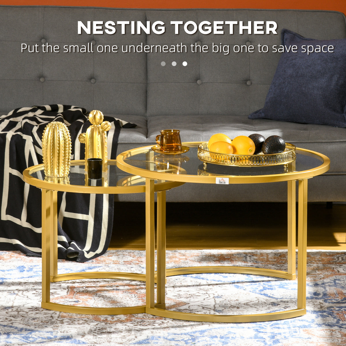 Nesting Coffee Tables - Set of 2 Round Glass Gold-Home Furnishings > Living Room Furniture > Coffee Tables-DECOROLALA