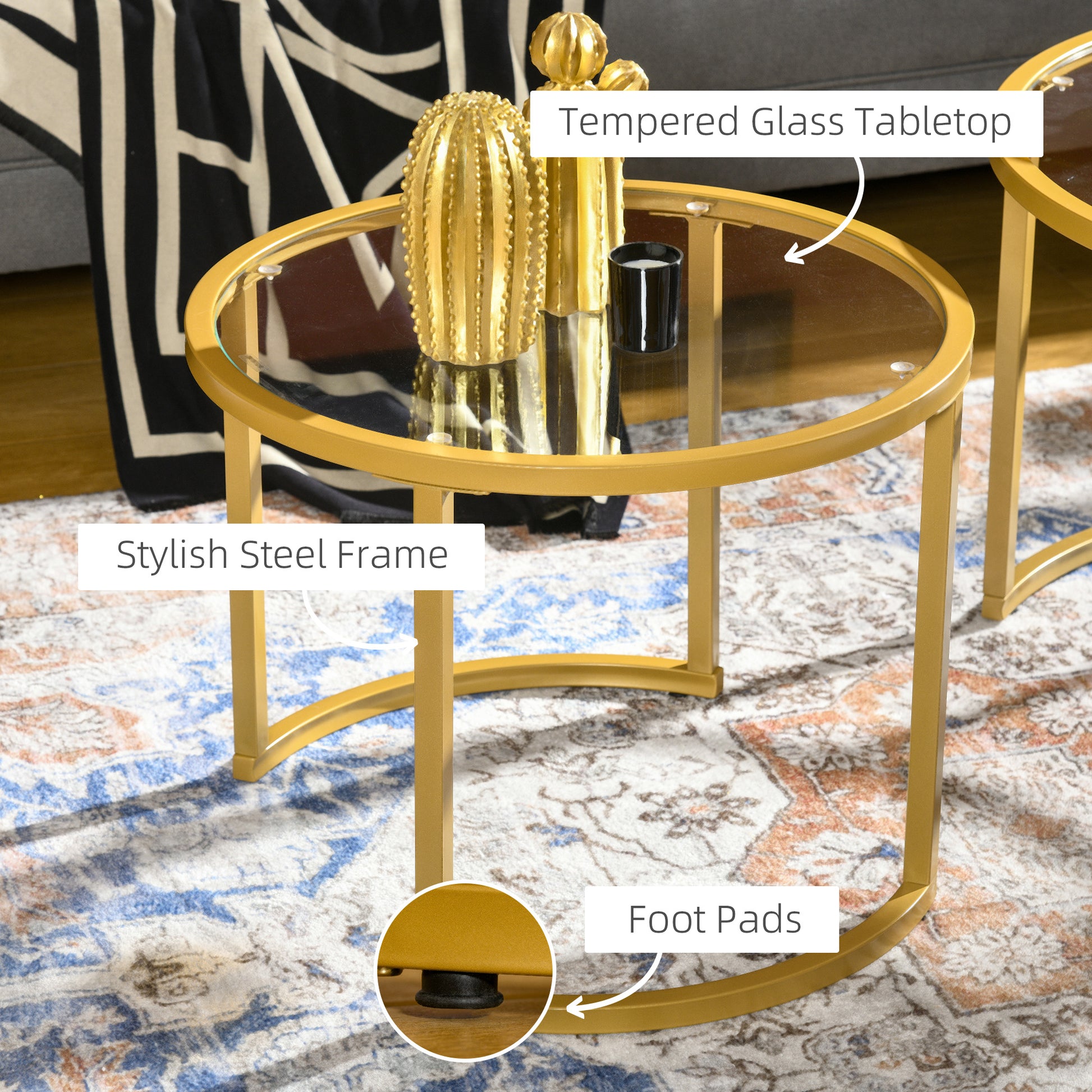 Nesting Coffee Tables - Set of 2 Round Glass Gold-Home Furnishings > Living Room Furniture > Coffee Tables-DECOROLALA