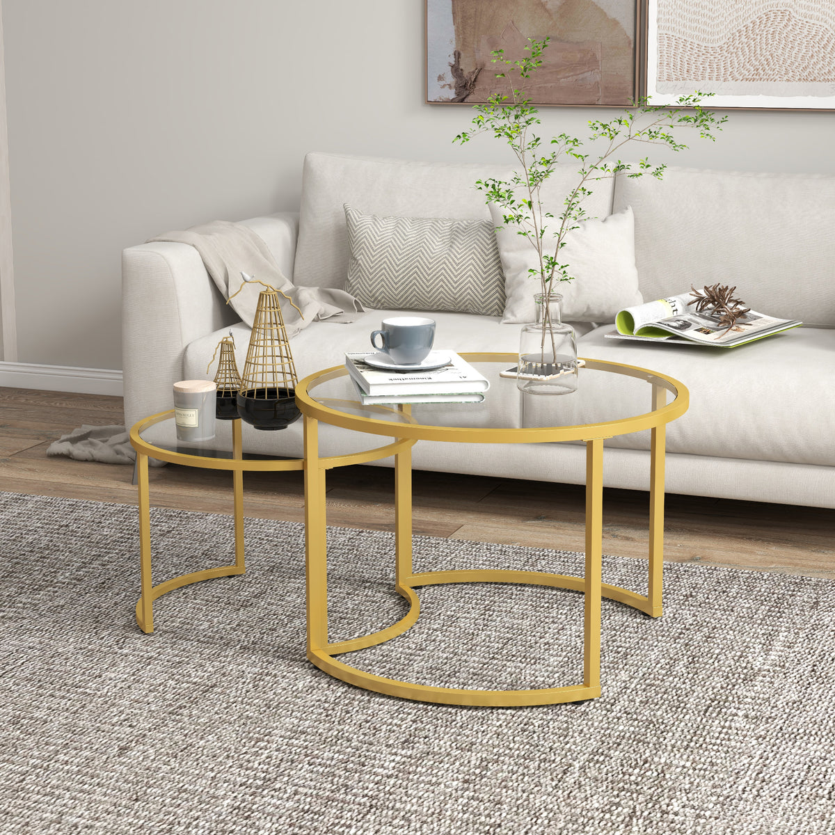 Nesting Coffee Tables - Set of 2 Round Glass Gold-Home Furnishings > Living Room Furniture > Coffee Tables-DECOROLALA