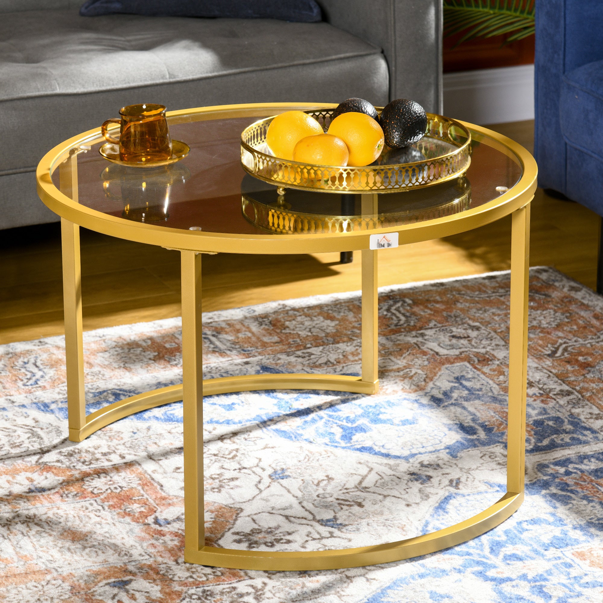 Nesting Coffee Tables - Set of 2 Round Glass Gold-Home Furnishings > Living Room Furniture > Coffee Tables-DECOROLALA