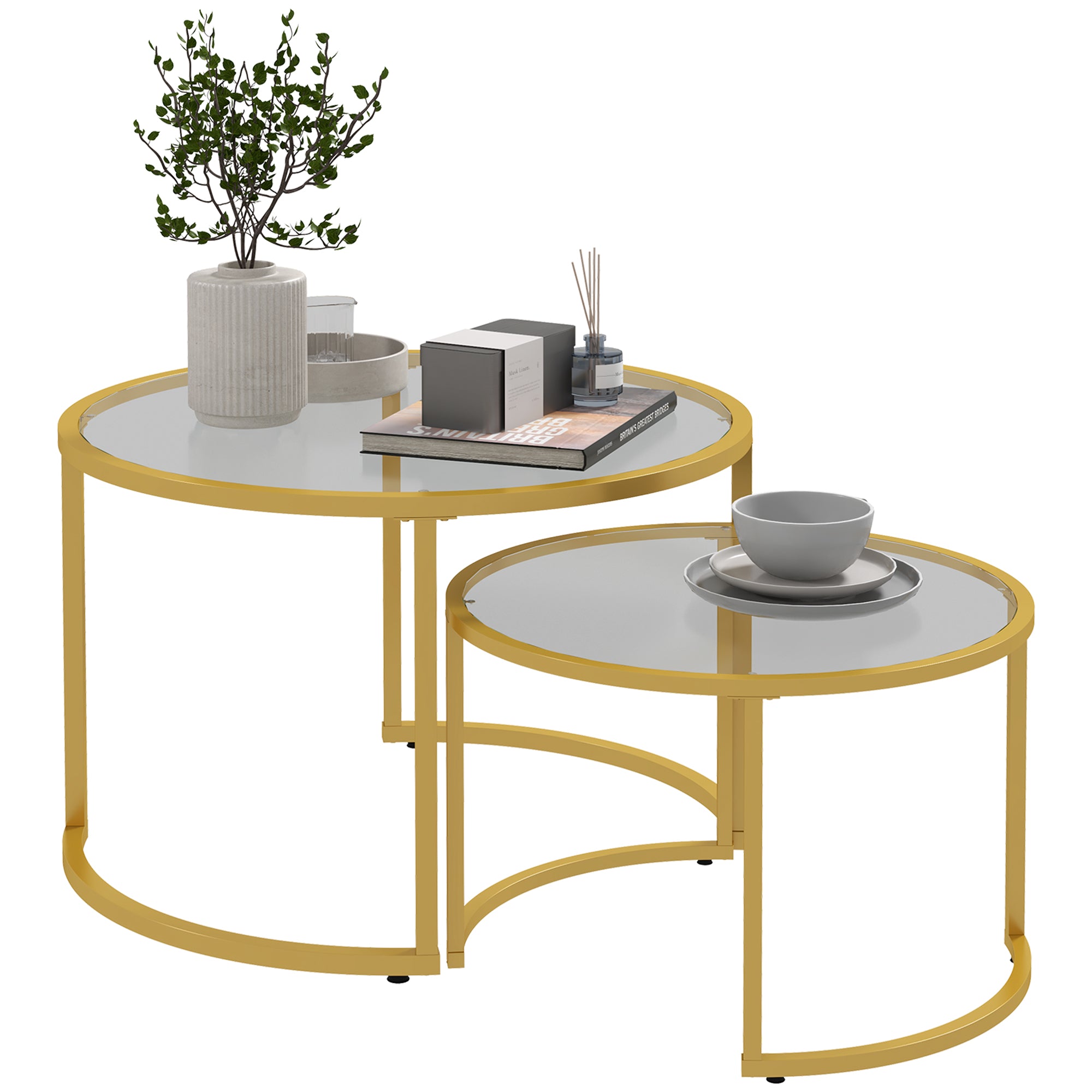 Nesting Coffee Tables - Set of 2 Round Glass Gold-Home Furnishings > Living Room Furniture > Coffee Tables-DECOROLALA