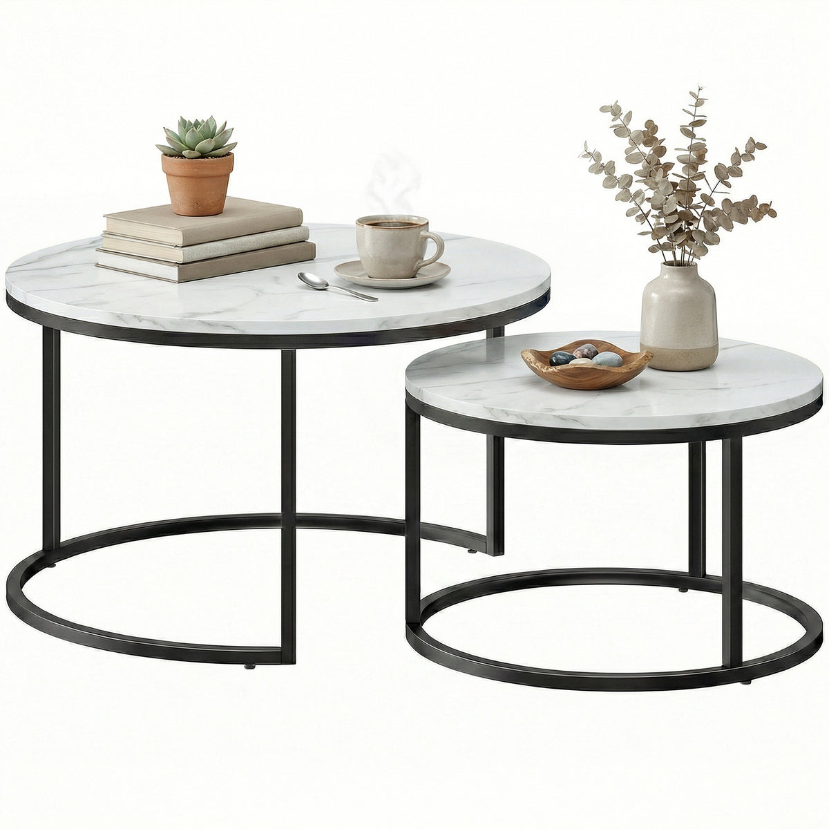 Nesting Coffee Tables Set of 2 - White Marble Effect-Coffee Tables-DECOROLALA