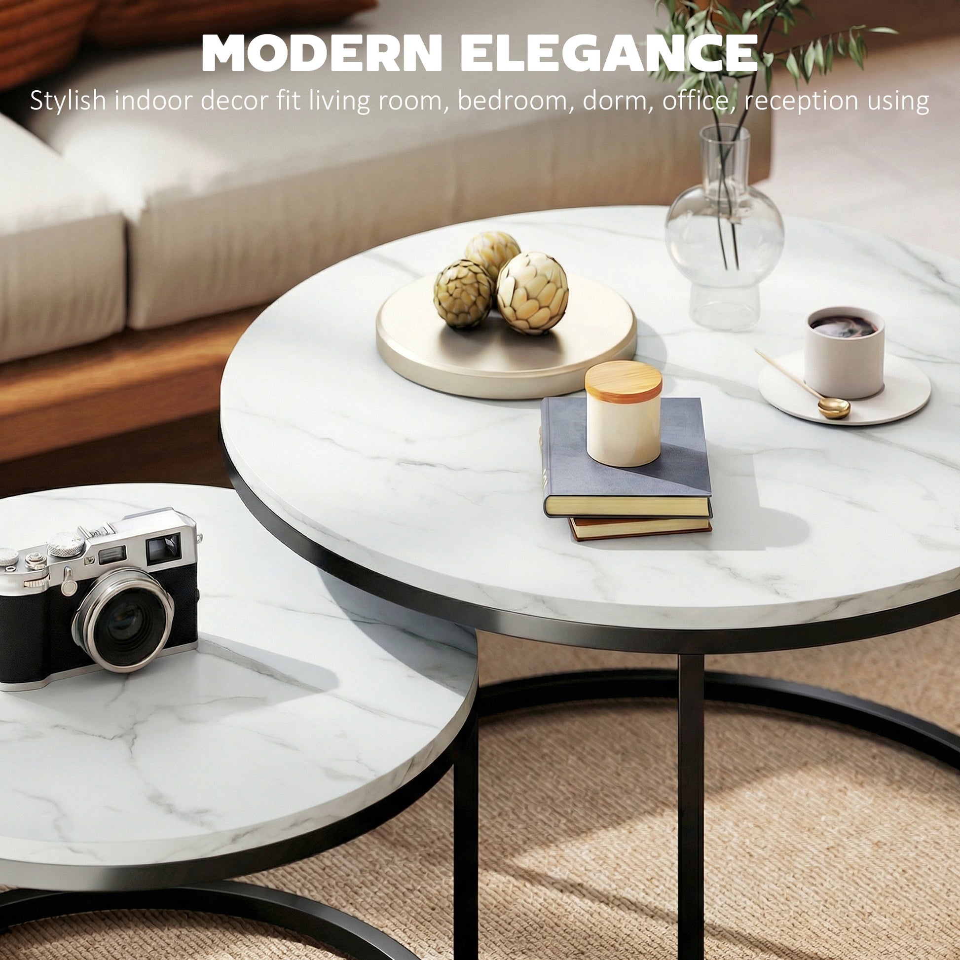 Nesting Coffee Tables Set of 2 - White Marble Effect-Home Furnishings > Living Room Furniture > Coffee Tables-DECOROLALA