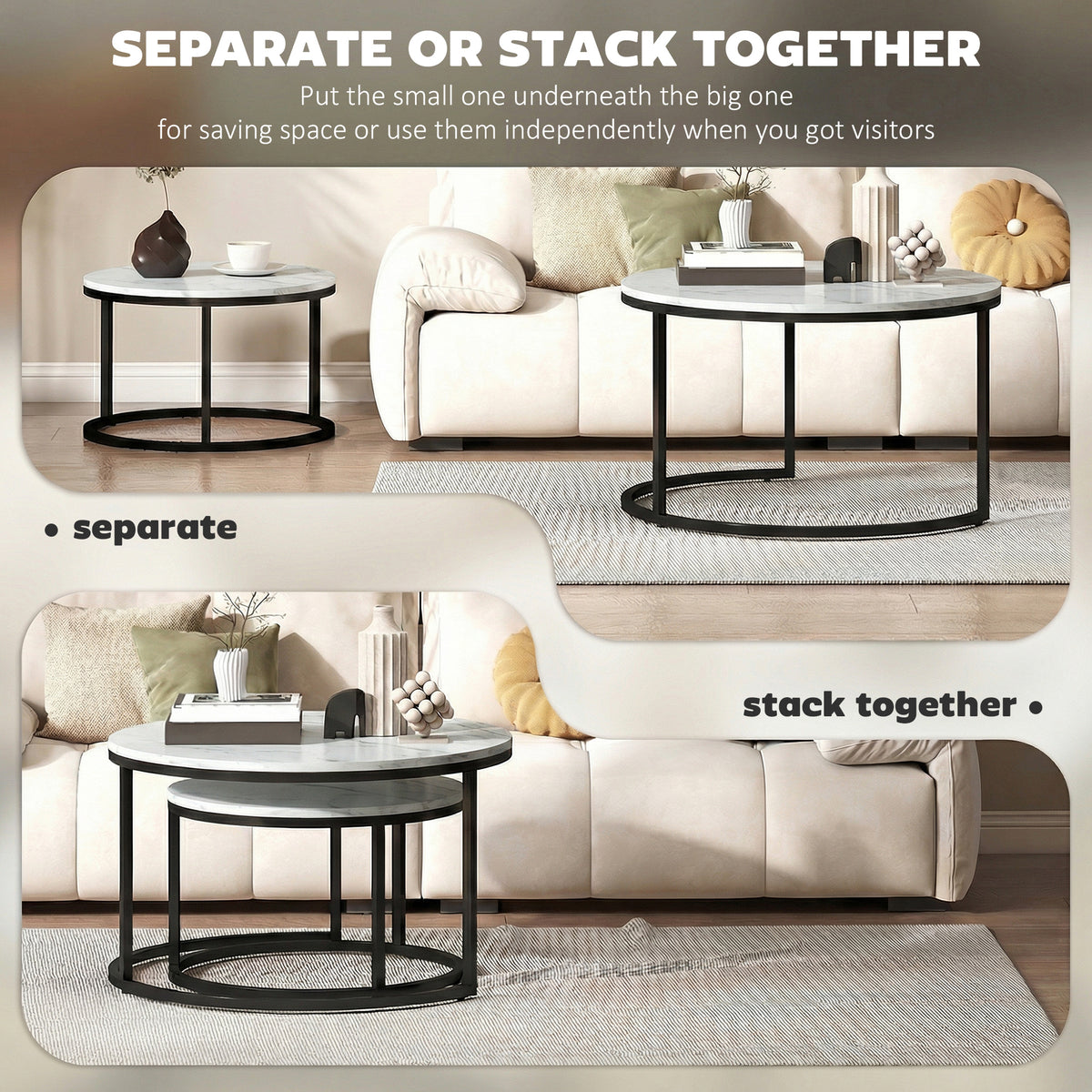 Nesting Coffee Tables Set of 2 - White Marble Effect-Home Furnishings > Living Room Furniture > Coffee Tables-DECOROLALA