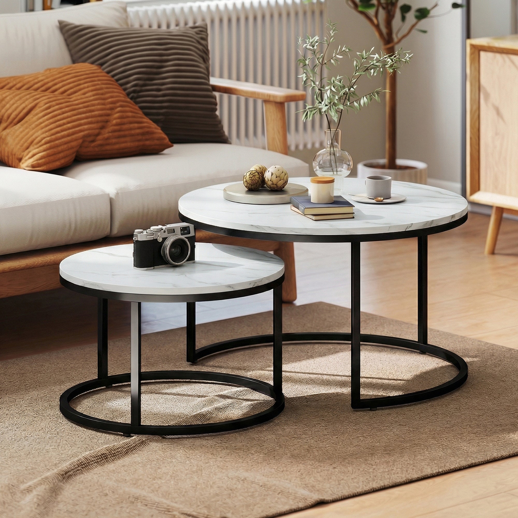 Nesting Coffee Tables Set of 2 - White Marble Effect-Home Furnishings > Living Room Furniture > Coffee Tables-DECOROLALA