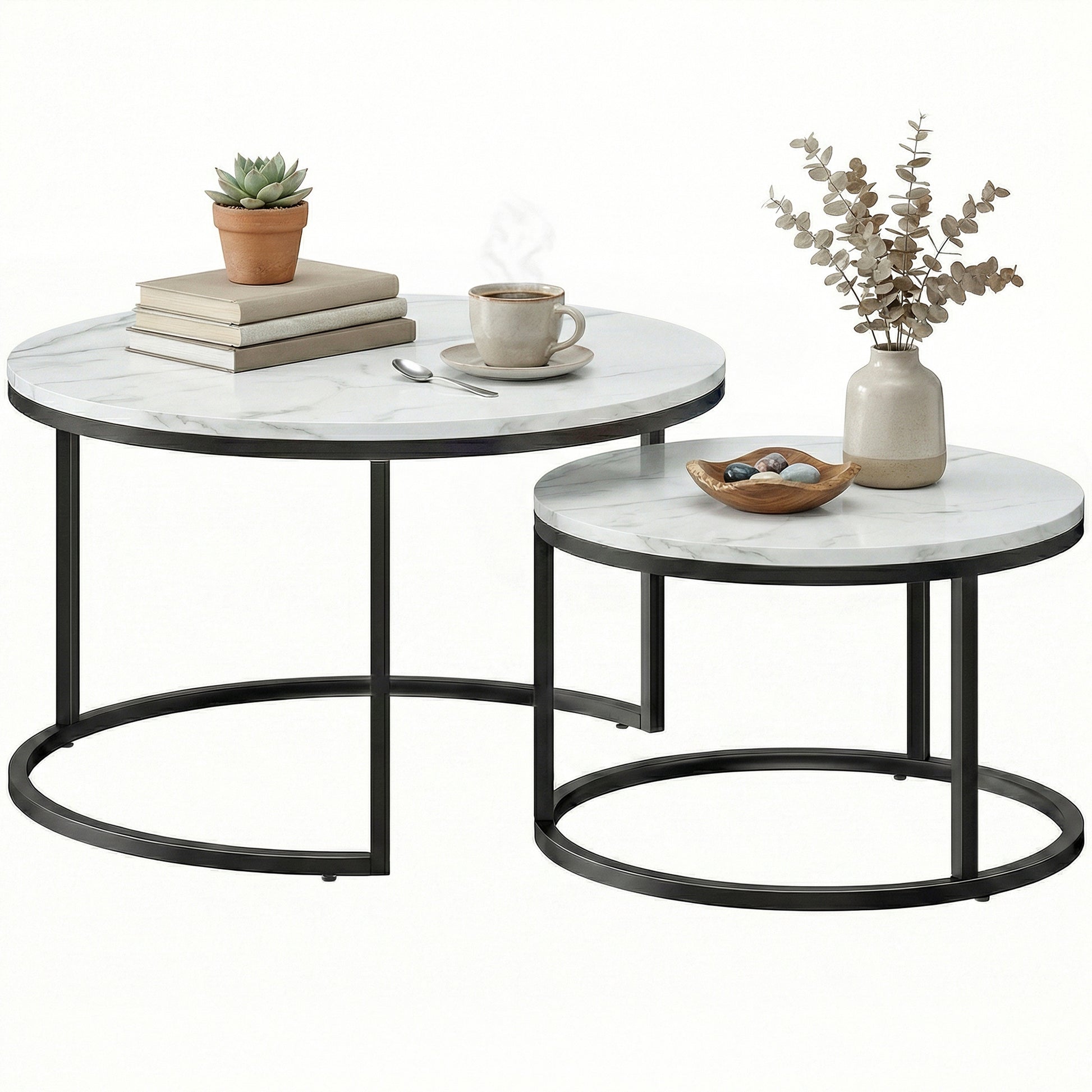Nesting Coffee Tables Set of 2 - White Marble Effect-Home Furnishings > Living Room Furniture > Coffee Tables-DECOROLALA