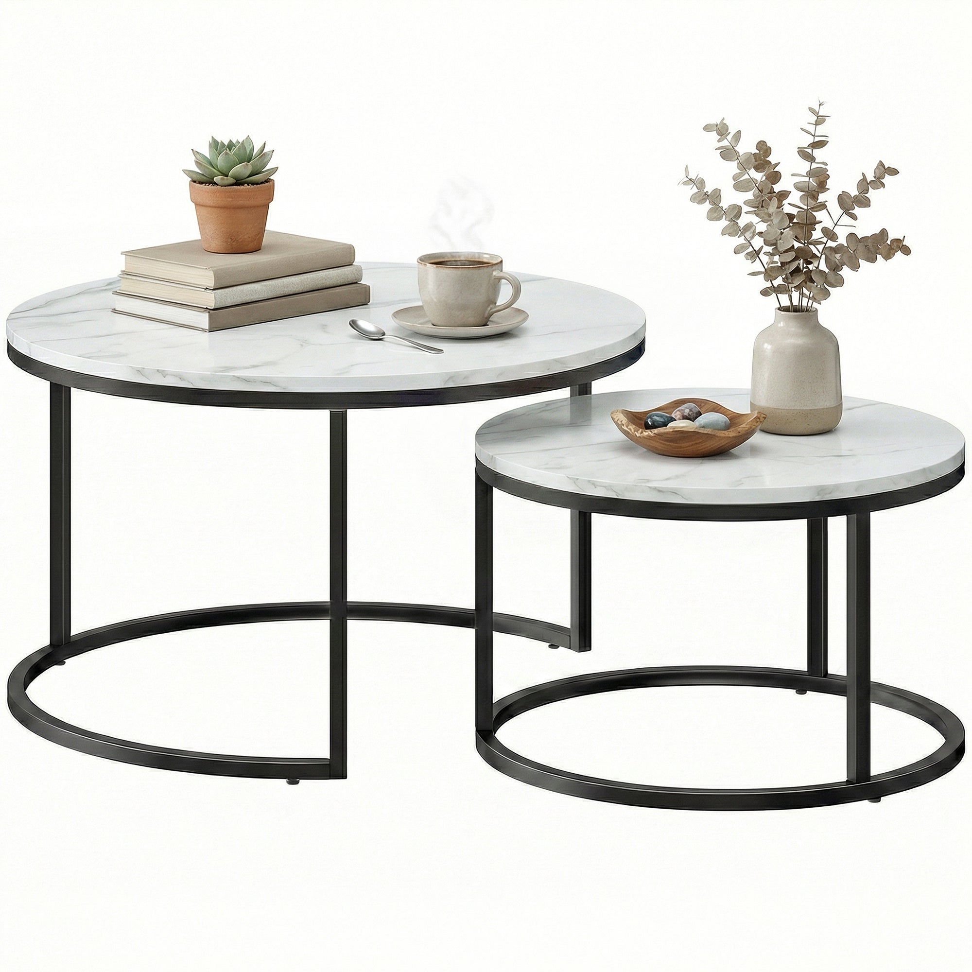 Nesting Coffee Tables Set of 2 - White Marble Effect-Home Furnishings > Living Room Furniture > Coffee Tables-DECOROLALA