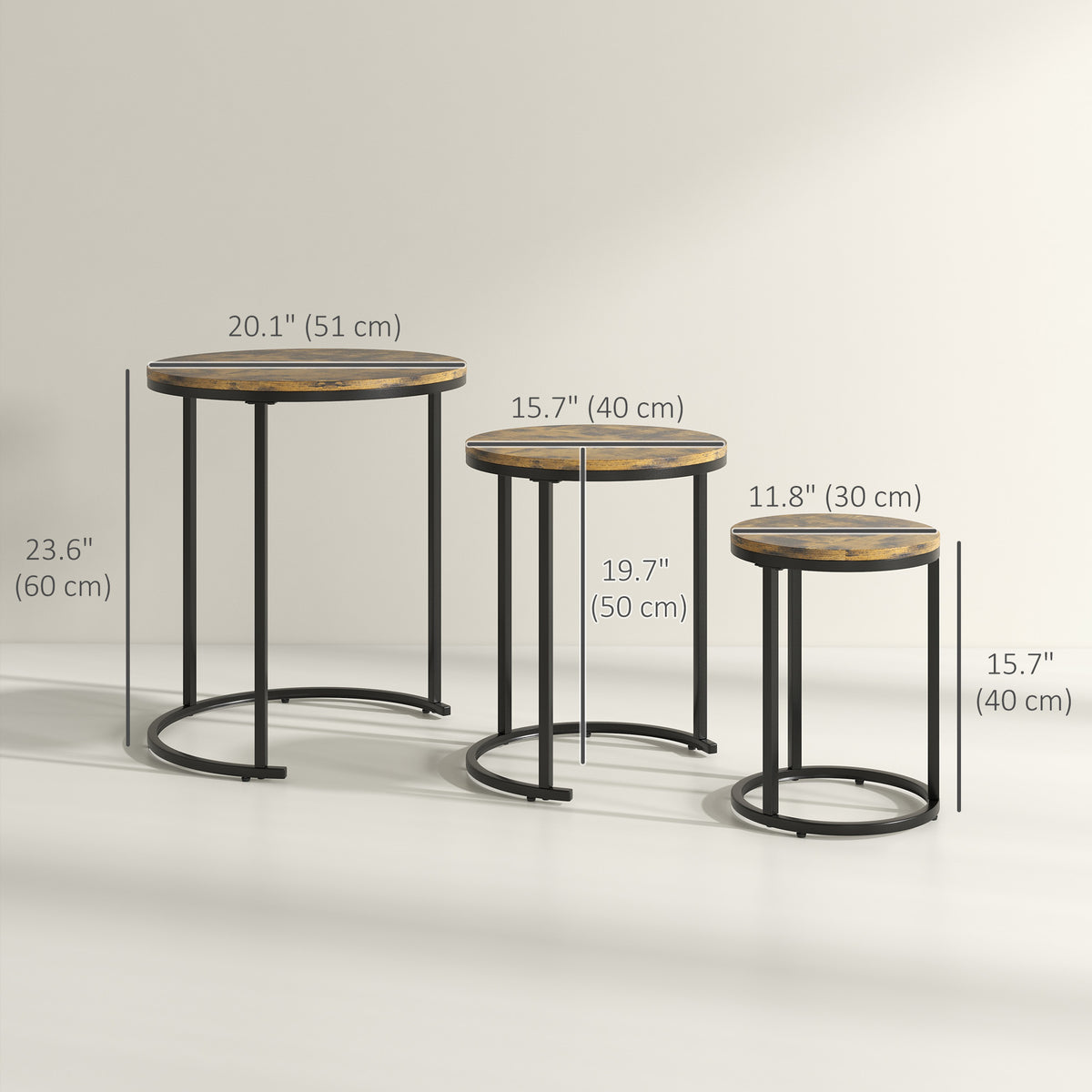 Nesting Coffee Tables Set of 3 - Rustic Brown Round Side Tables-End & Side Tables-DECOROLALA