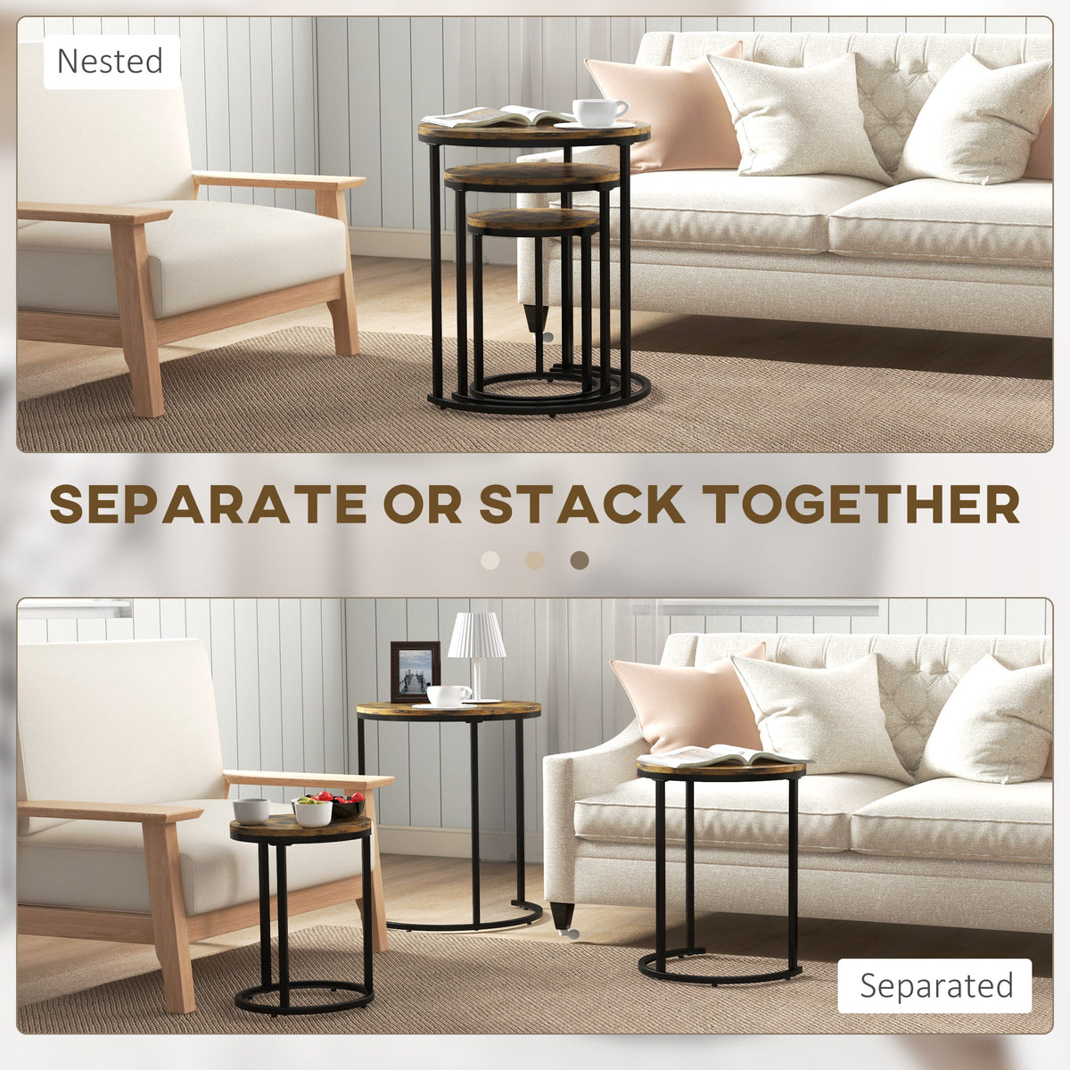 Nesting Coffee Tables Set of 3 - Rustic Brown Round Side Tables-Home Furnishings > Living Room Furniture > Side¬†Tables-DECOROLALA