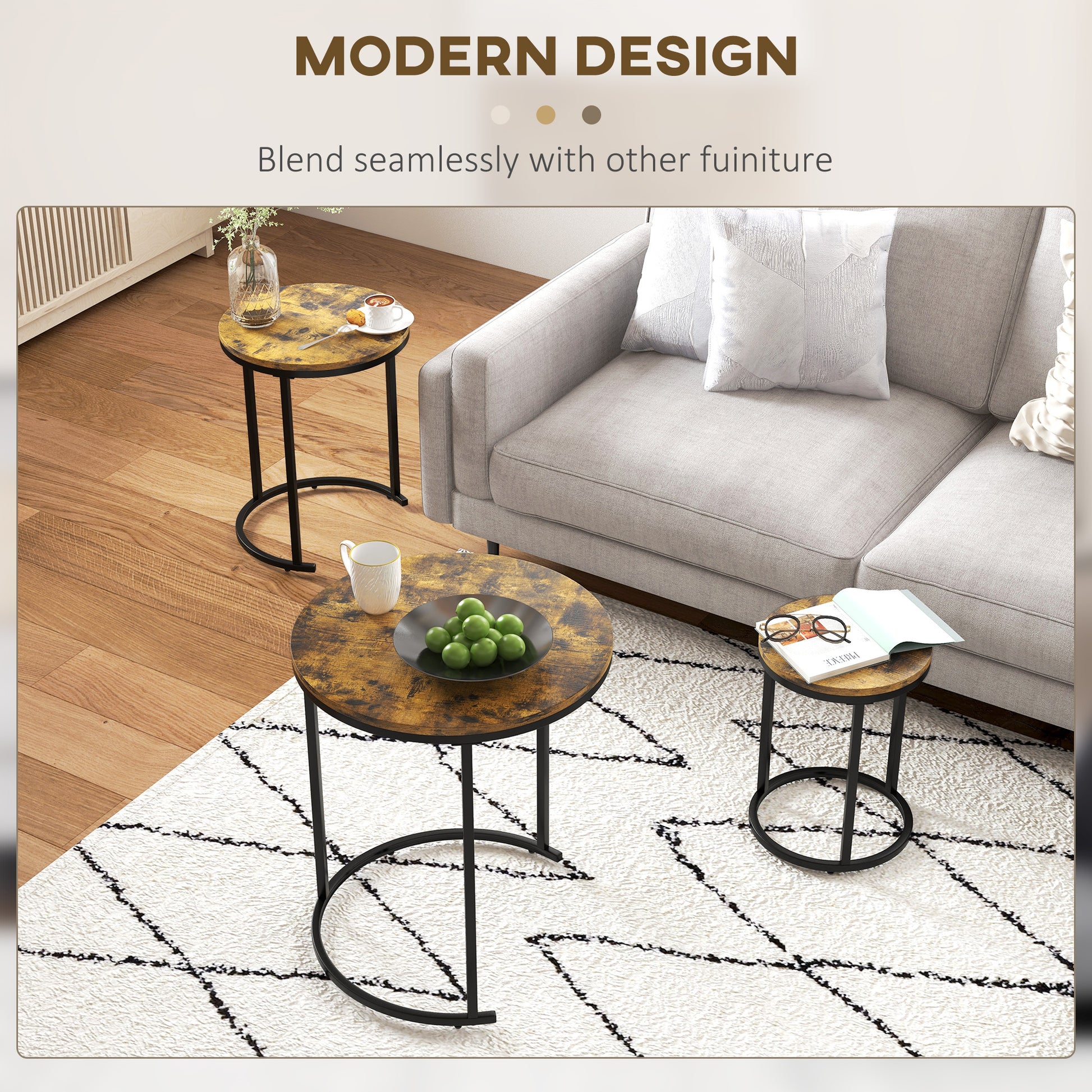 Nesting Coffee Tables Set of 3 - Rustic Brown Round Side Tables-Home Furnishings > Living Room Furniture > Side¬†Tables-DECOROLALA