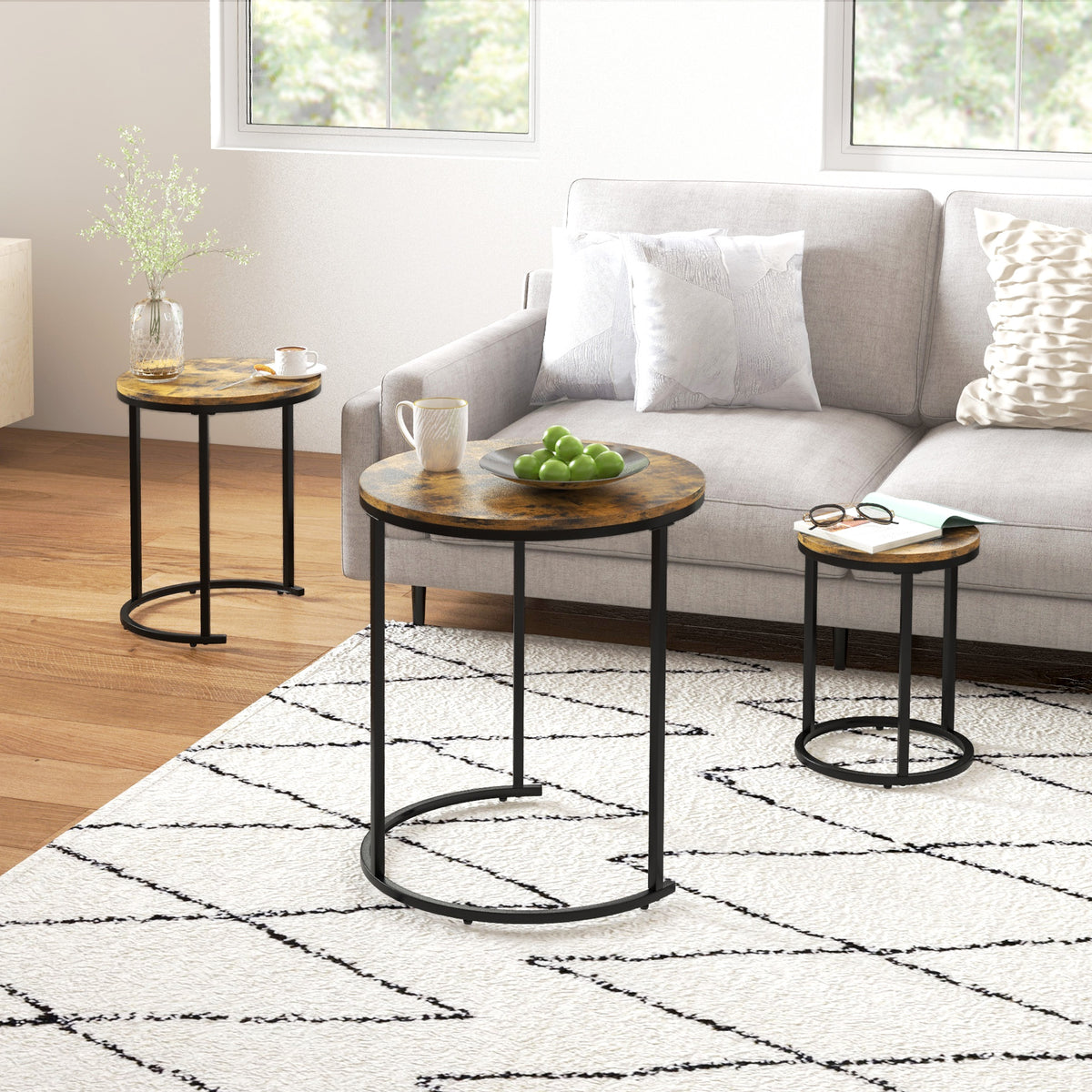 Nesting Coffee Tables Set of 3 - Rustic Brown Round Side Tables-Home Furnishings > Living Room Furniture > Side¬†Tables-DECOROLALA