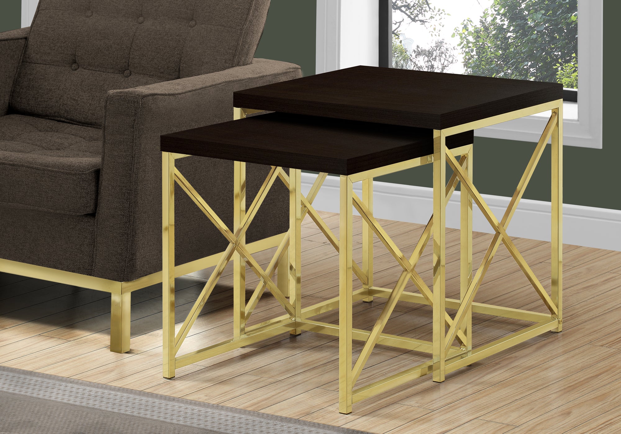 Nesting Table - 2pcs Set / Espresso / Gold Metal-Computer Desk-DECOROLALA