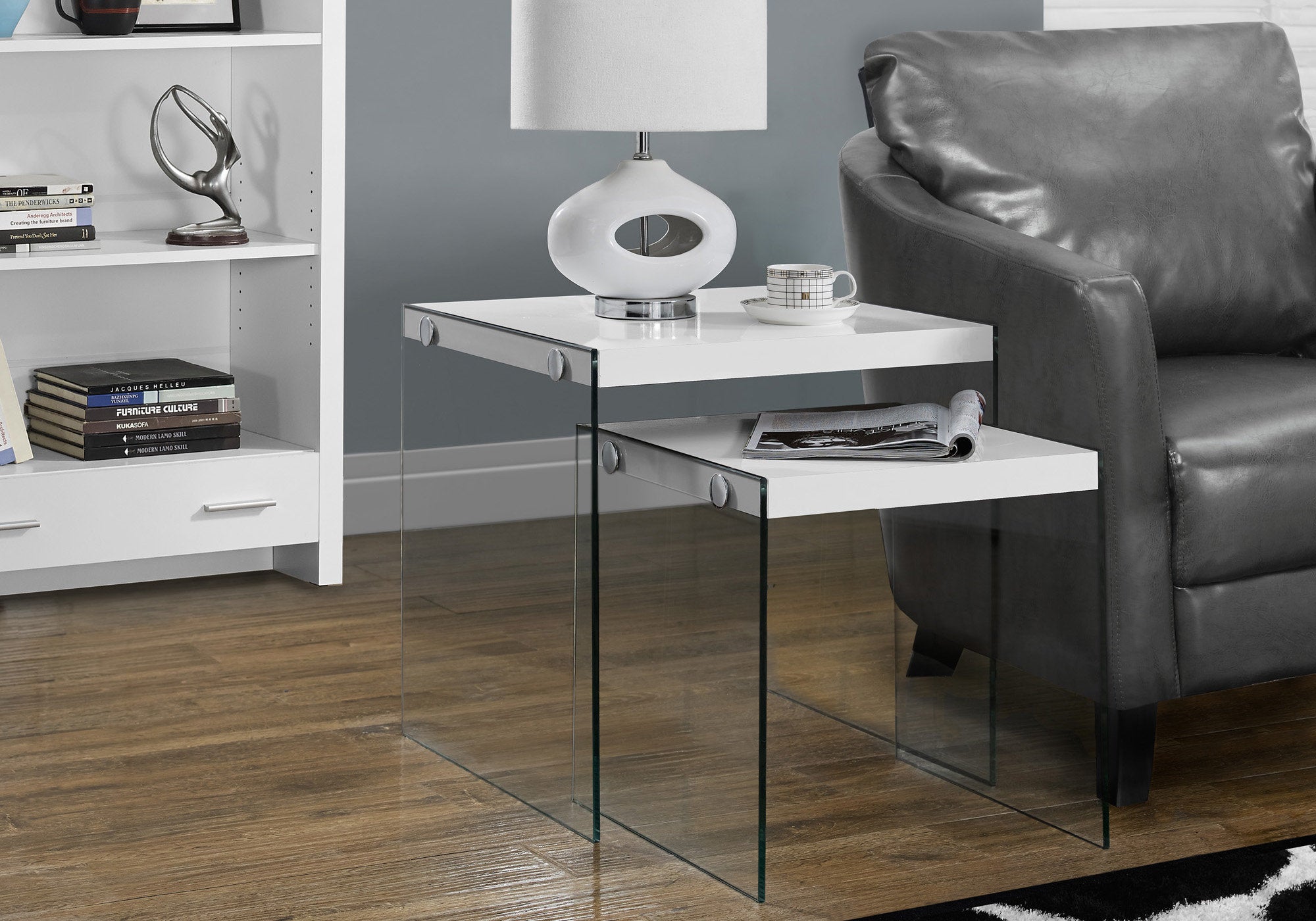 Nesting Table Set 2-Piece Glossy White Tempered Glass-Accent Table-DECOROLALA