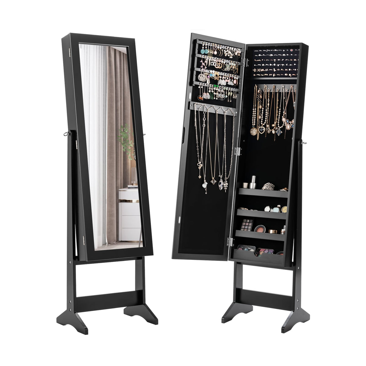 New Mirrored Jewelry Cabinet Armoire Mirror Organizer Storage Box Ring w/ Stand-Black-Jewelry Armoires-DECOROLALA