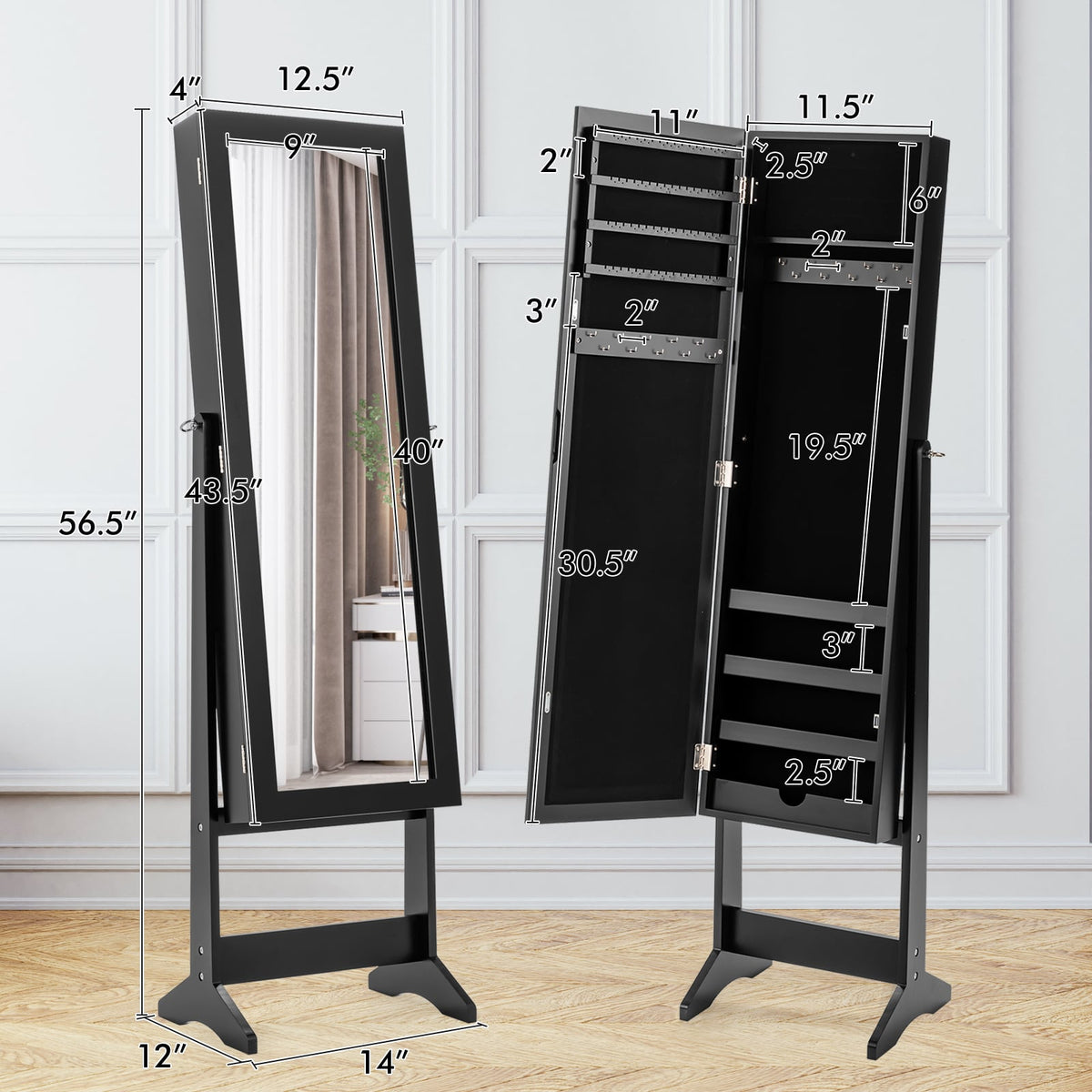 New Mirrored Jewelry Cabinet Armoire Mirror Organizer Storage Box Ring w/ Stand-Black-Jewelry Armoires-DECOROLALA