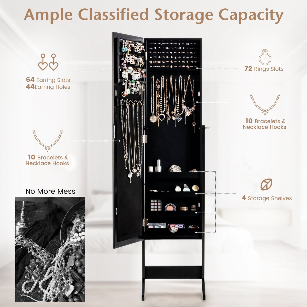 New Mirrored Jewelry Cabinet Armoire Mirror Organizer Storage Box Ring w/ Stand-Black-Jewelry Armoires-DECOROLALA