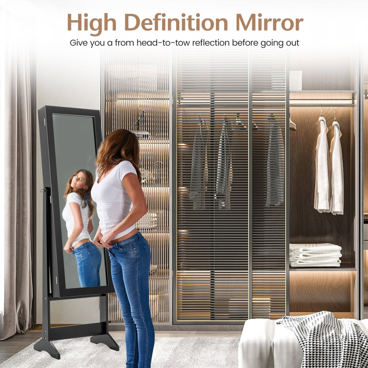 New Mirrored Jewelry Cabinet Armoire Mirror Organizer Storage Box Ring w/ Stand-Black-Jewelry Armoires-DECOROLALA