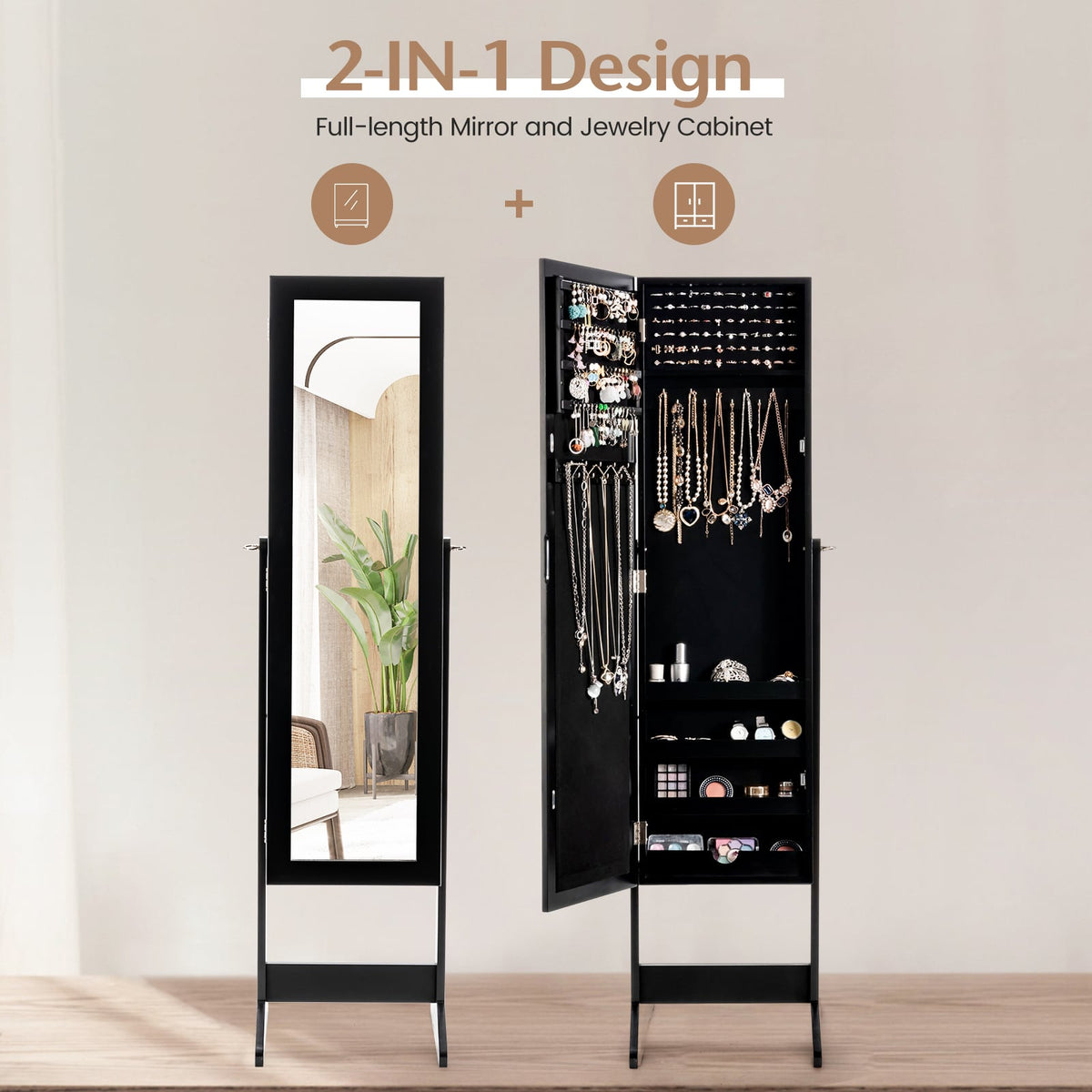 New Mirrored Jewelry Cabinet Armoire Mirror Organizer Storage Box Ring w/ Stand-Black-Jewelry Armoires-DECOROLALA