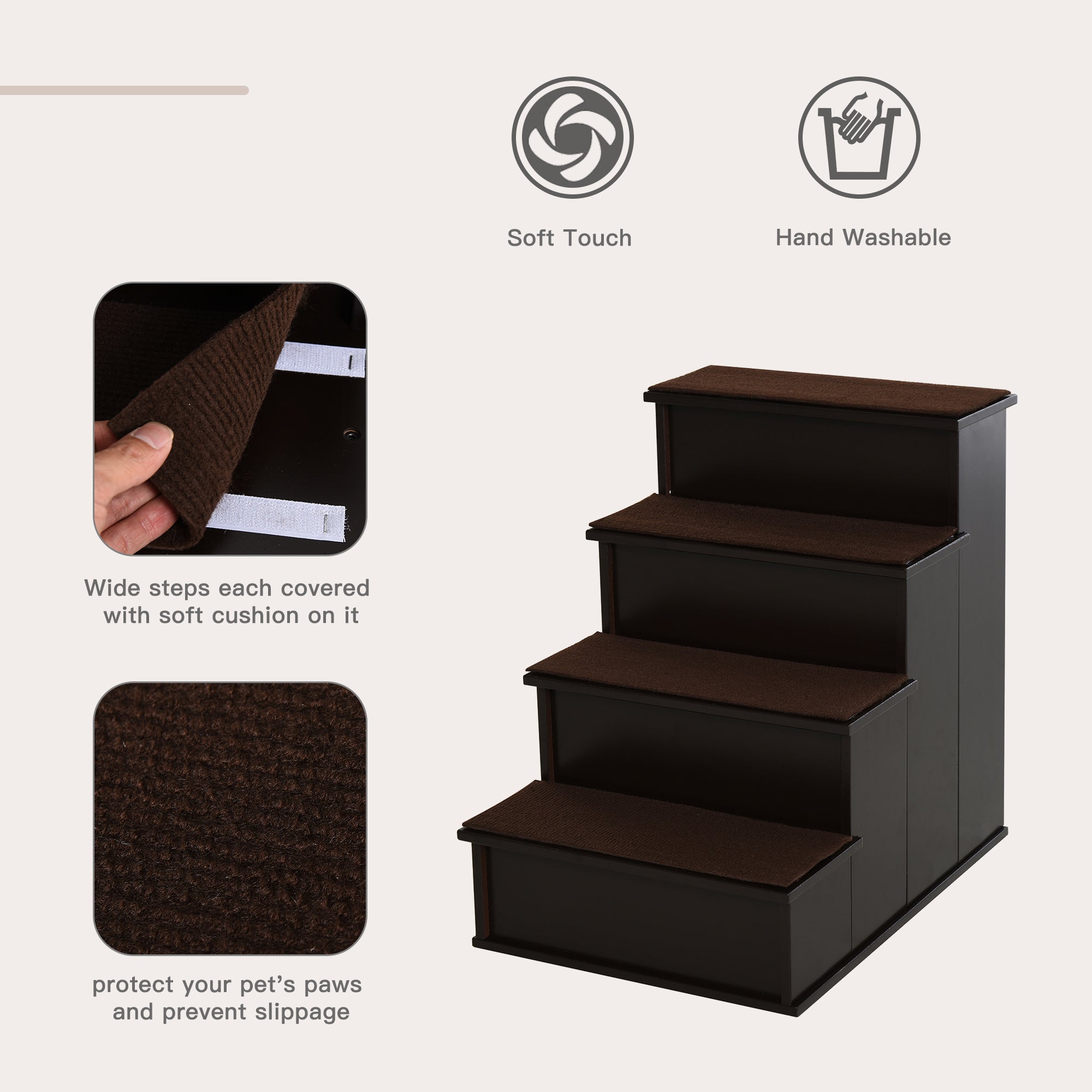 Escalier en bois à 4 marches pour chien, marches pour animaux pour lit haut, échelle pour chat pour lit ou canapé avec moquette antidérapante, café foncé