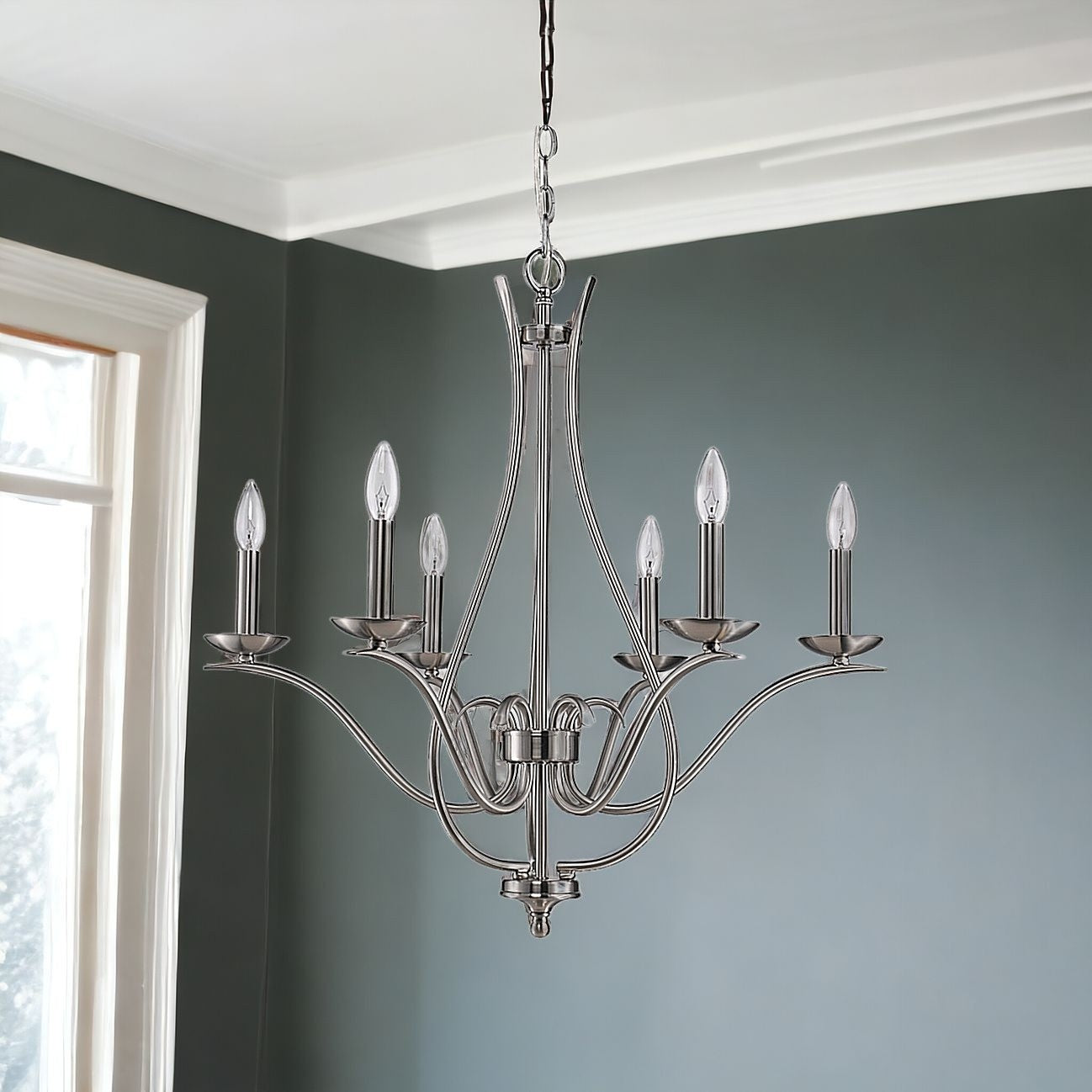 Nickel Candle Style Six Light Metal Dimmable Chandelier-Chandeliers-DECOROLALA