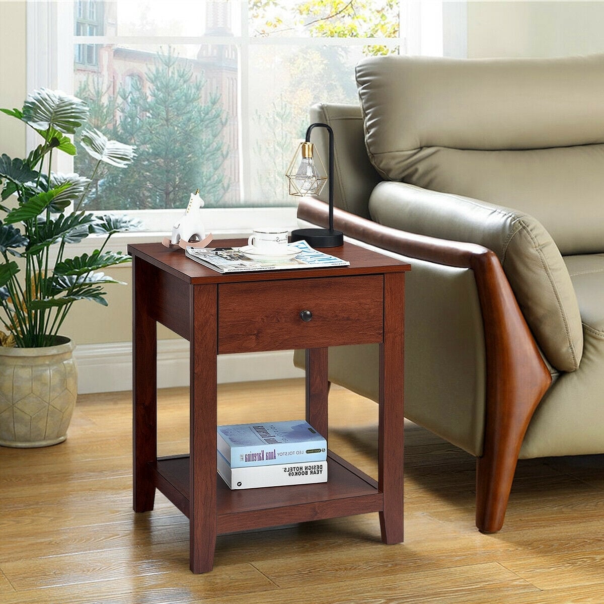 Night Stand End Side Table with Drawer and Storage Shelf-Nightstands-DECOROLALA