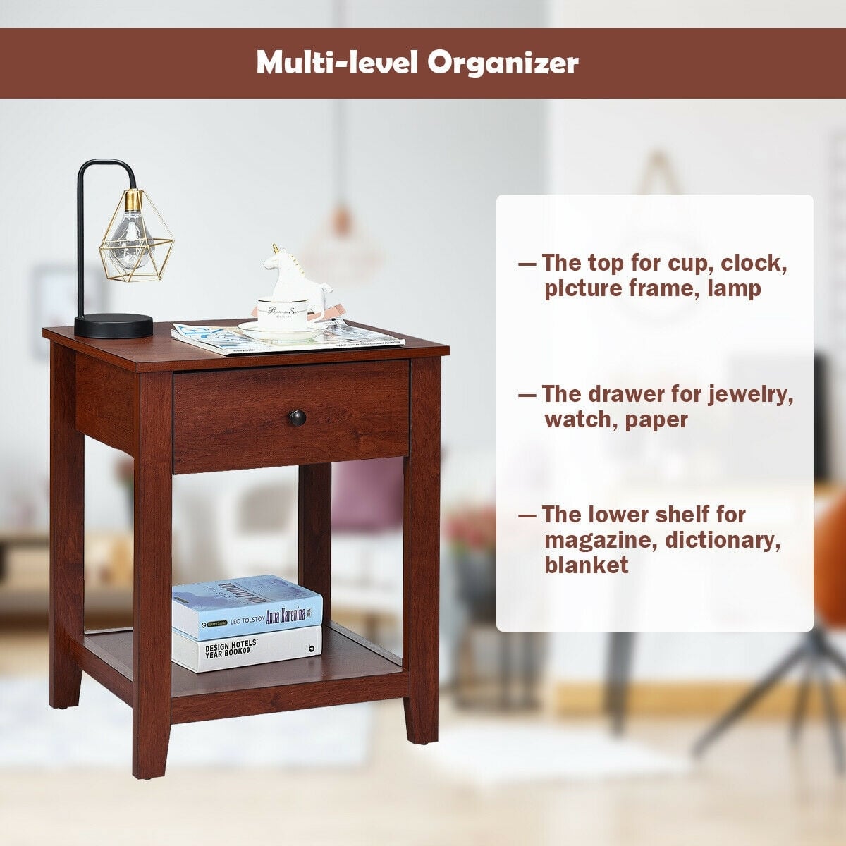 Night Stand End Side Table with Drawer and Storage Shelf-Nightstands-DECOROLALA