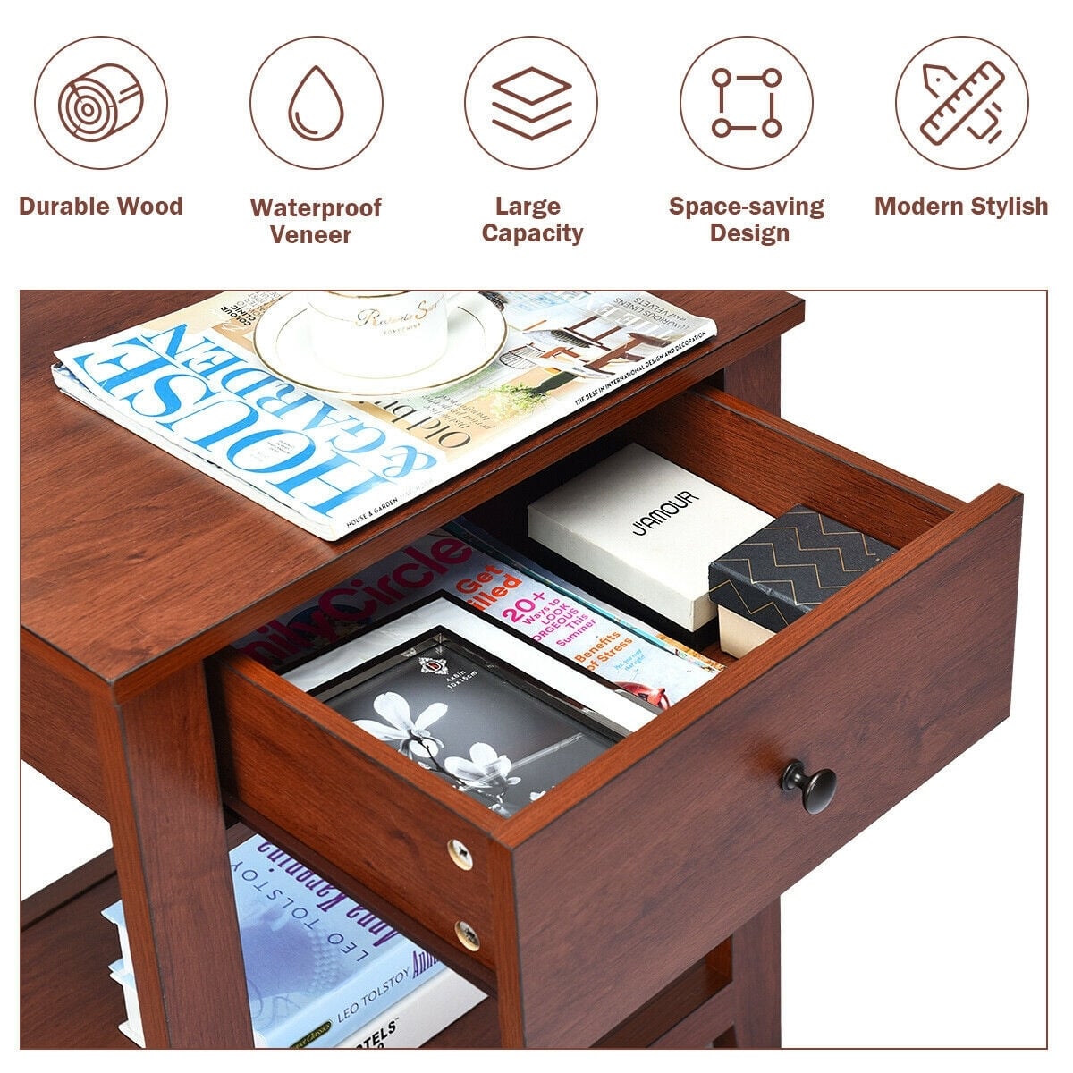 Night Stand End Side Table with Drawer and Storage Shelf-Nightstands-DECOROLALA
