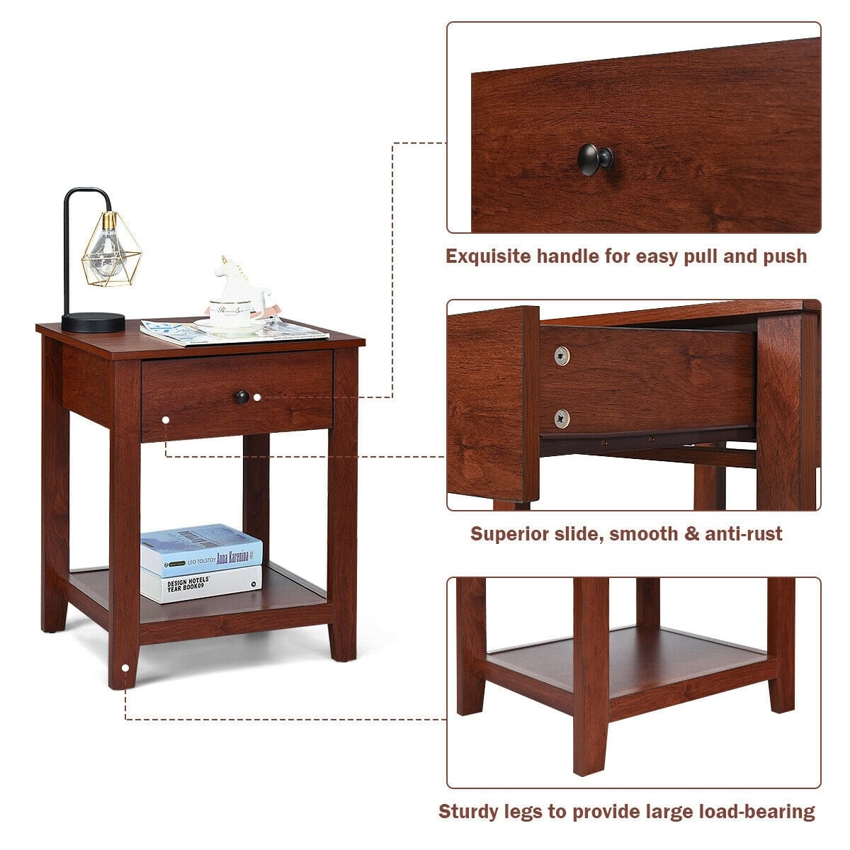 Night Stand End Side Table with Drawer and Storage Shelf-Nightstands-DECOROLALA