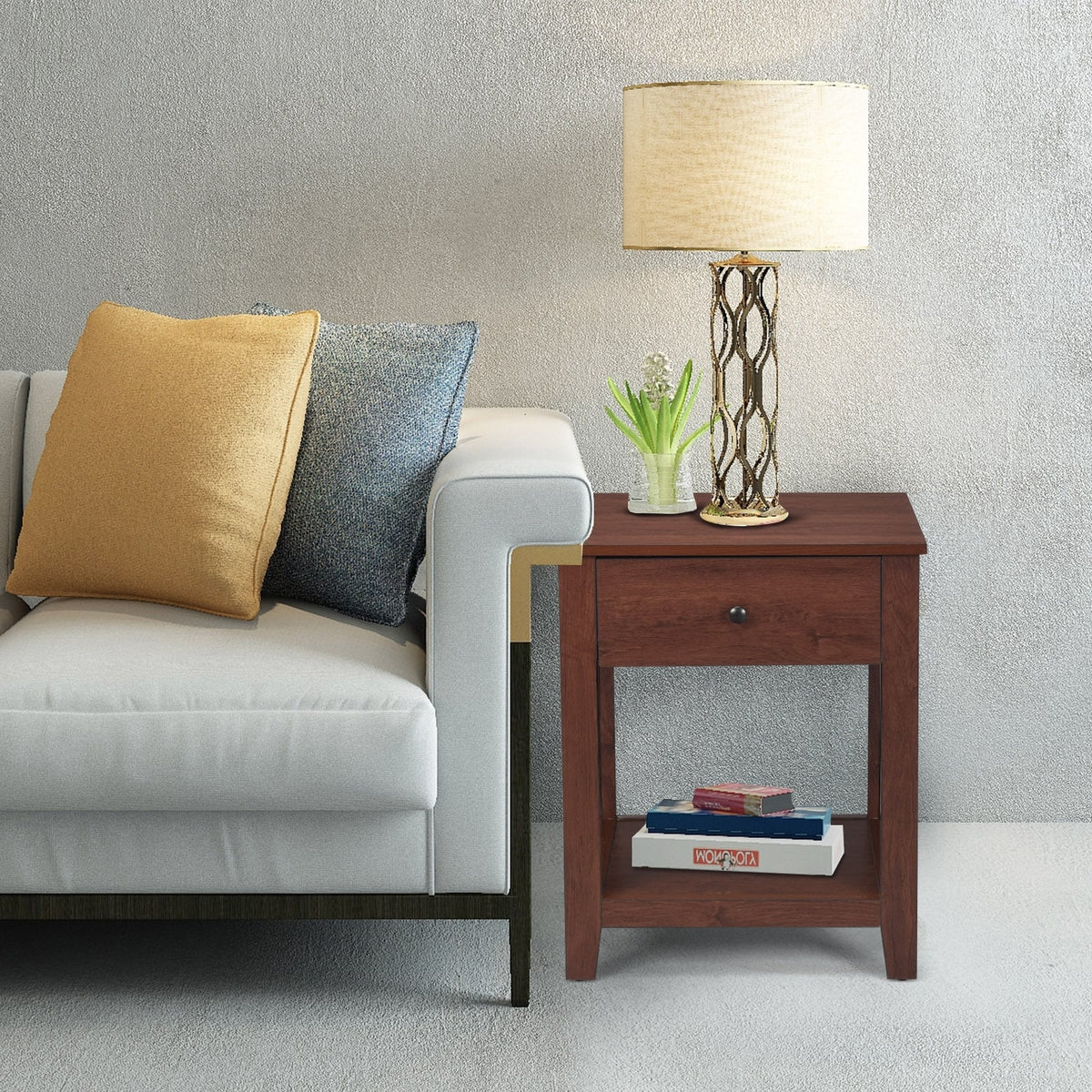 Night Stand End Side Table with Drawer and Storage Shelf-Nightstands-DECOROLALA