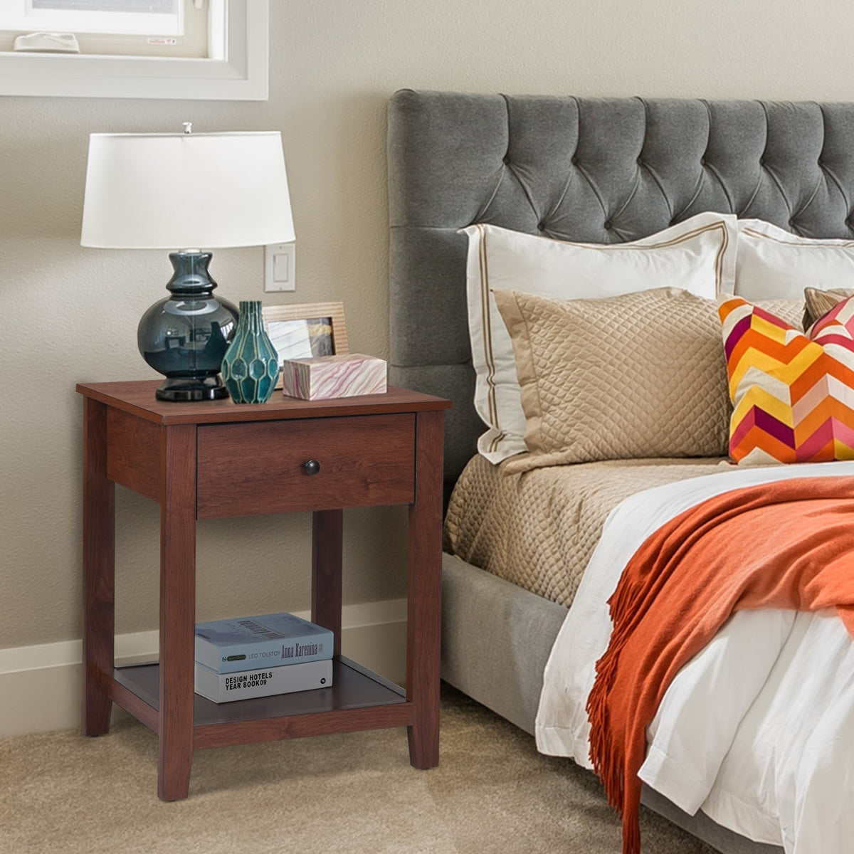 Night Stand End Side Table with Drawer and Storage Shelf-Nightstands-DECOROLALA