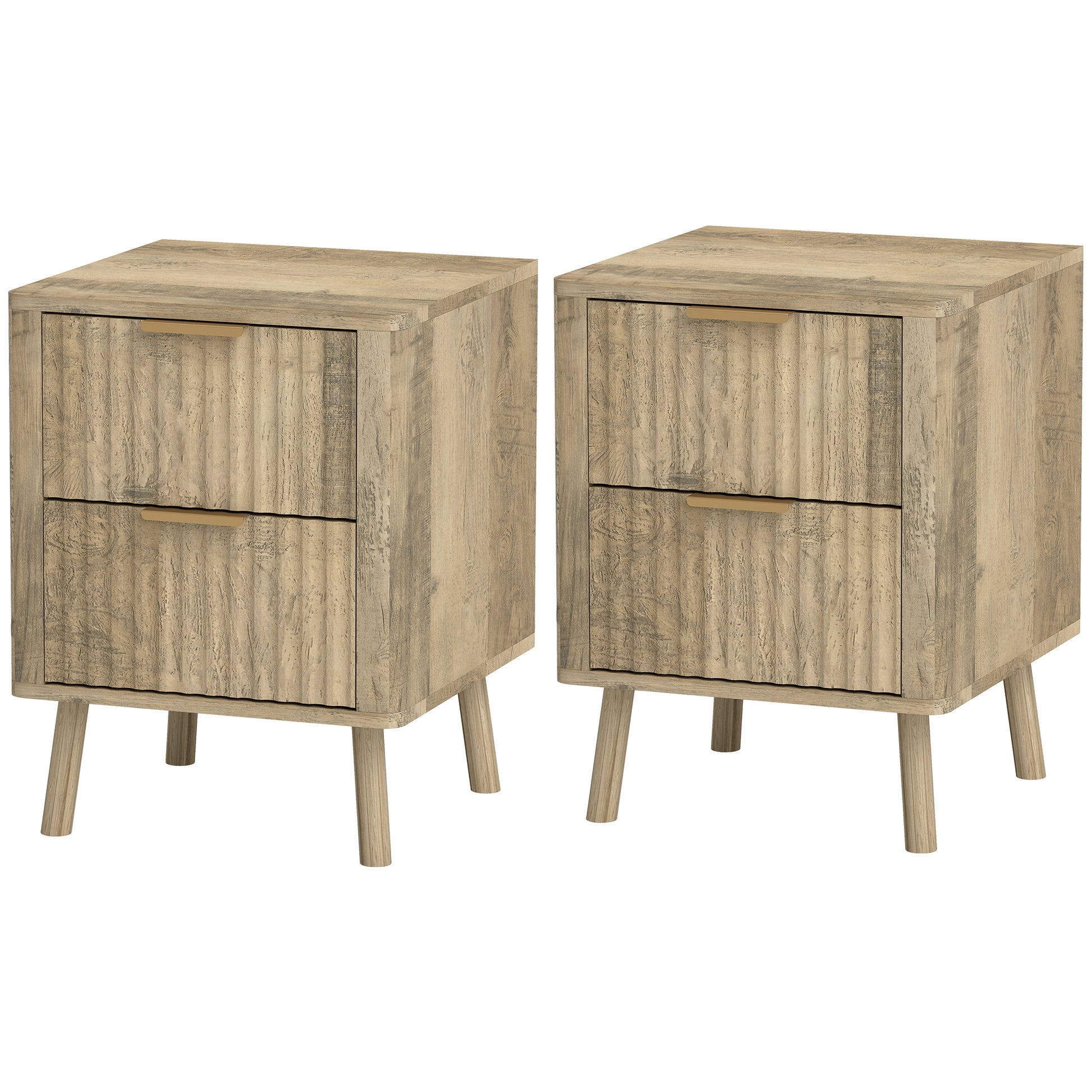 Night Stands Set of 2, Nightstands with Finger Pulls and Fluted Drawers, Bedside Tables with Round Edges, Oak-Home Furnishings > Bedroom Furniture > Bedside Tables-DECOROLALA