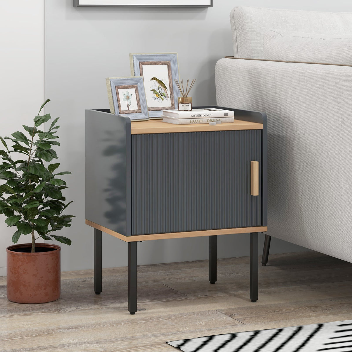 Nightstand Bedside End Table with Door Cabinet for Living Room Bedroom-Gray-Nightstands-DECOROLALA
